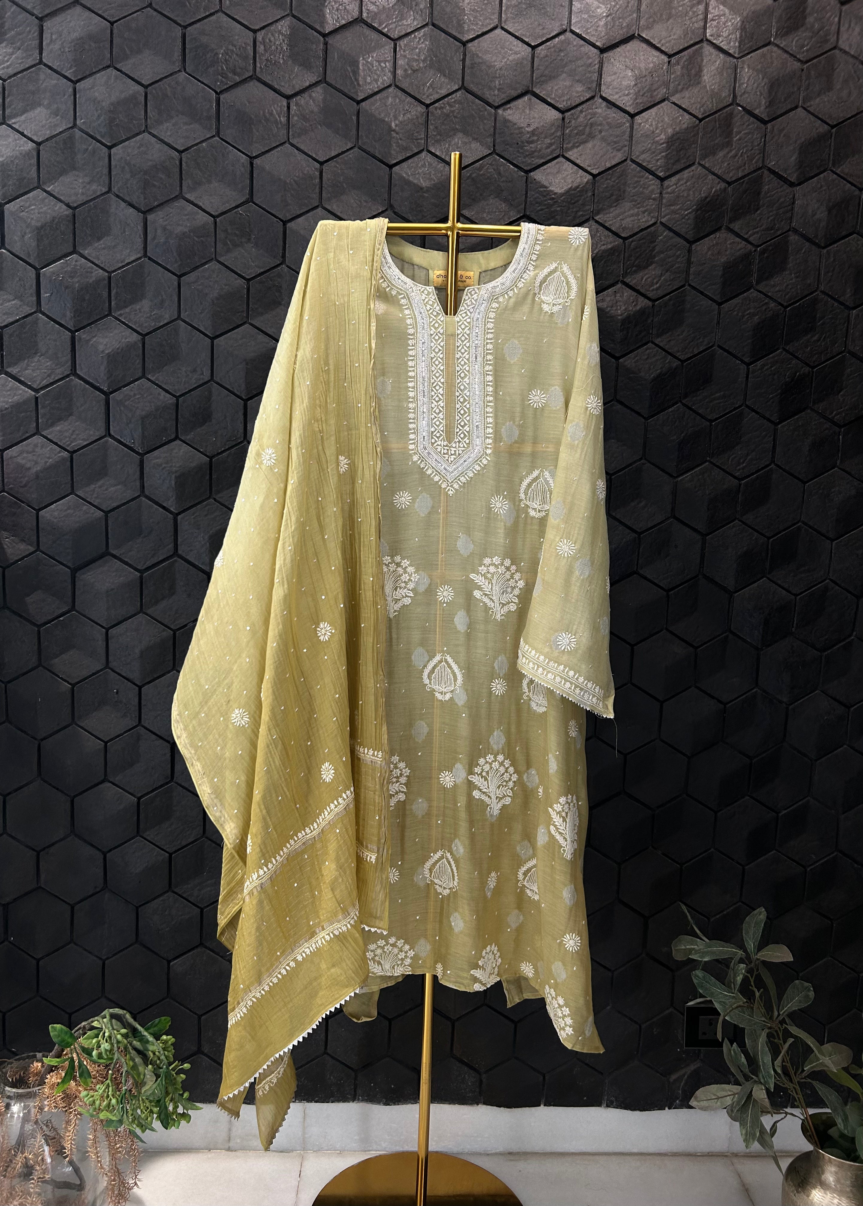 Pista Green Ombre Mul Chanderi Chikankari Kurta Set