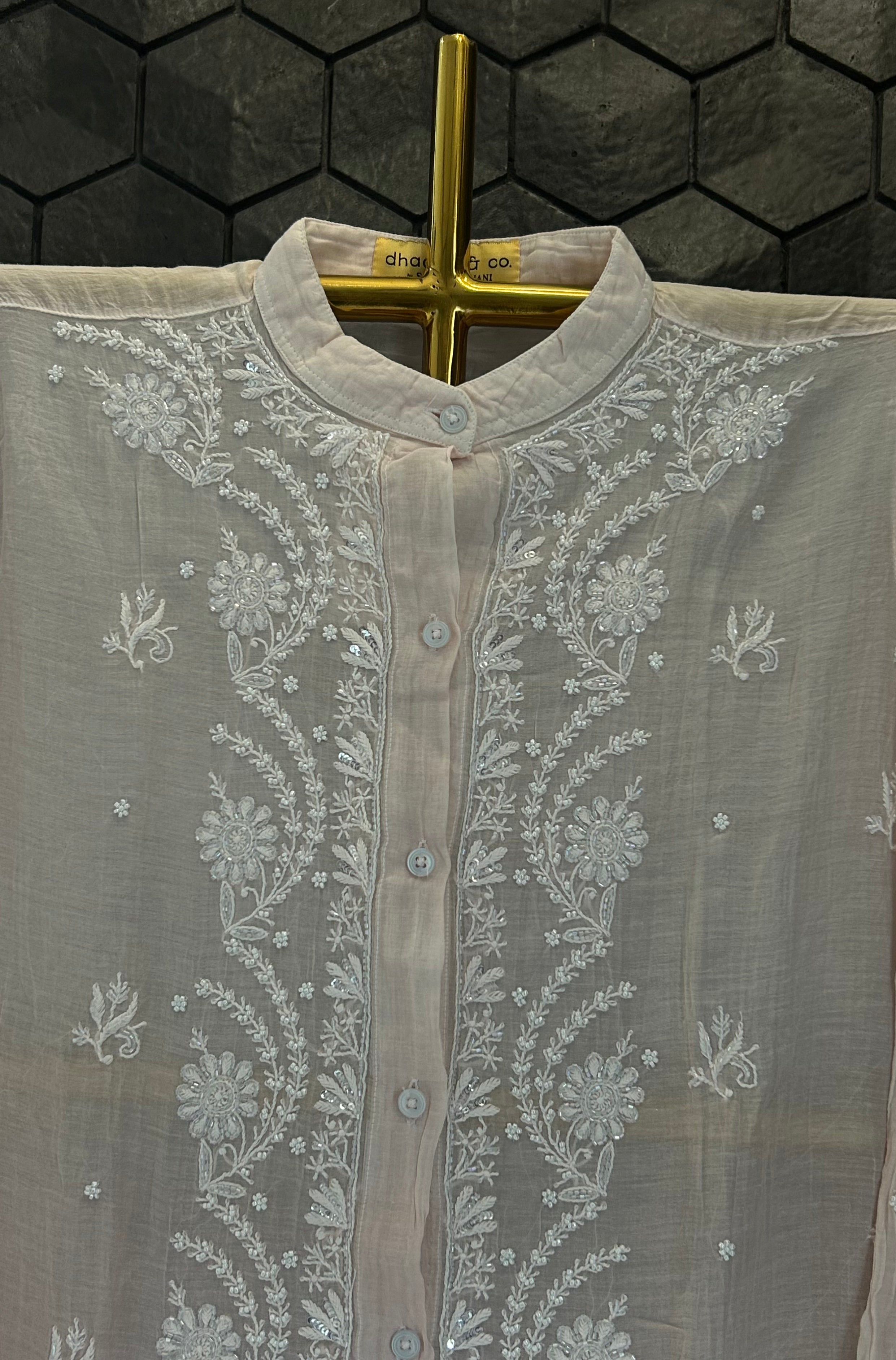 Pink  Ombre Mul Chanderi Chikankari Shirt