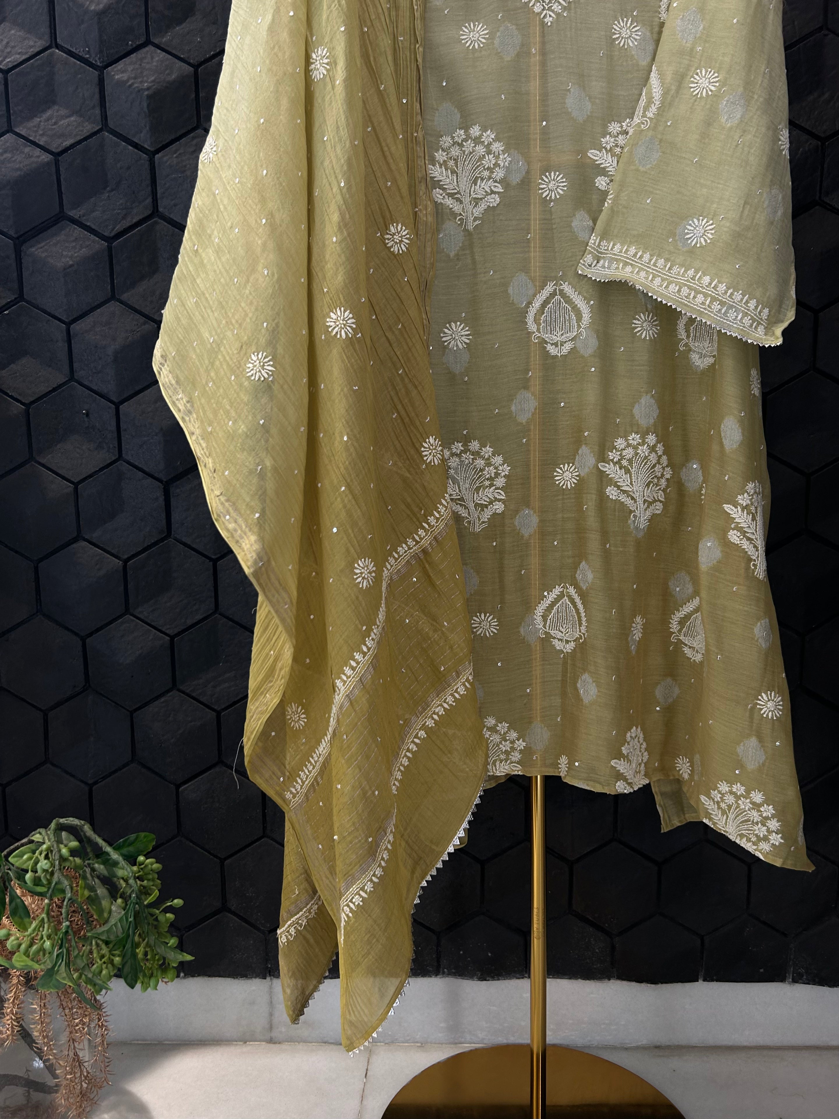 Pista Green Ombre Mul Chanderi Chikankari Kurta Set