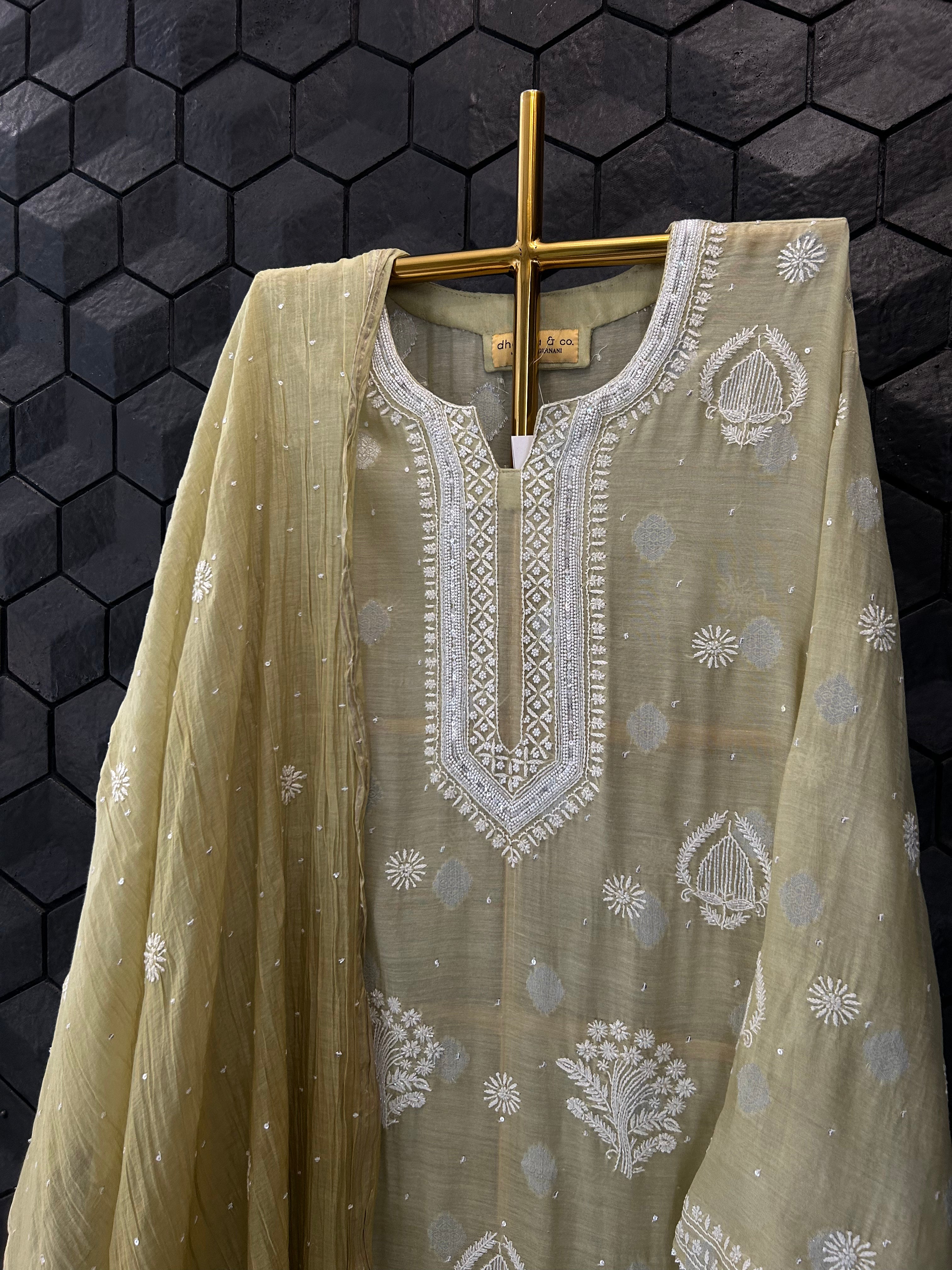 Pista Green Ombre Mul Chanderi Chikankari Kurta Set