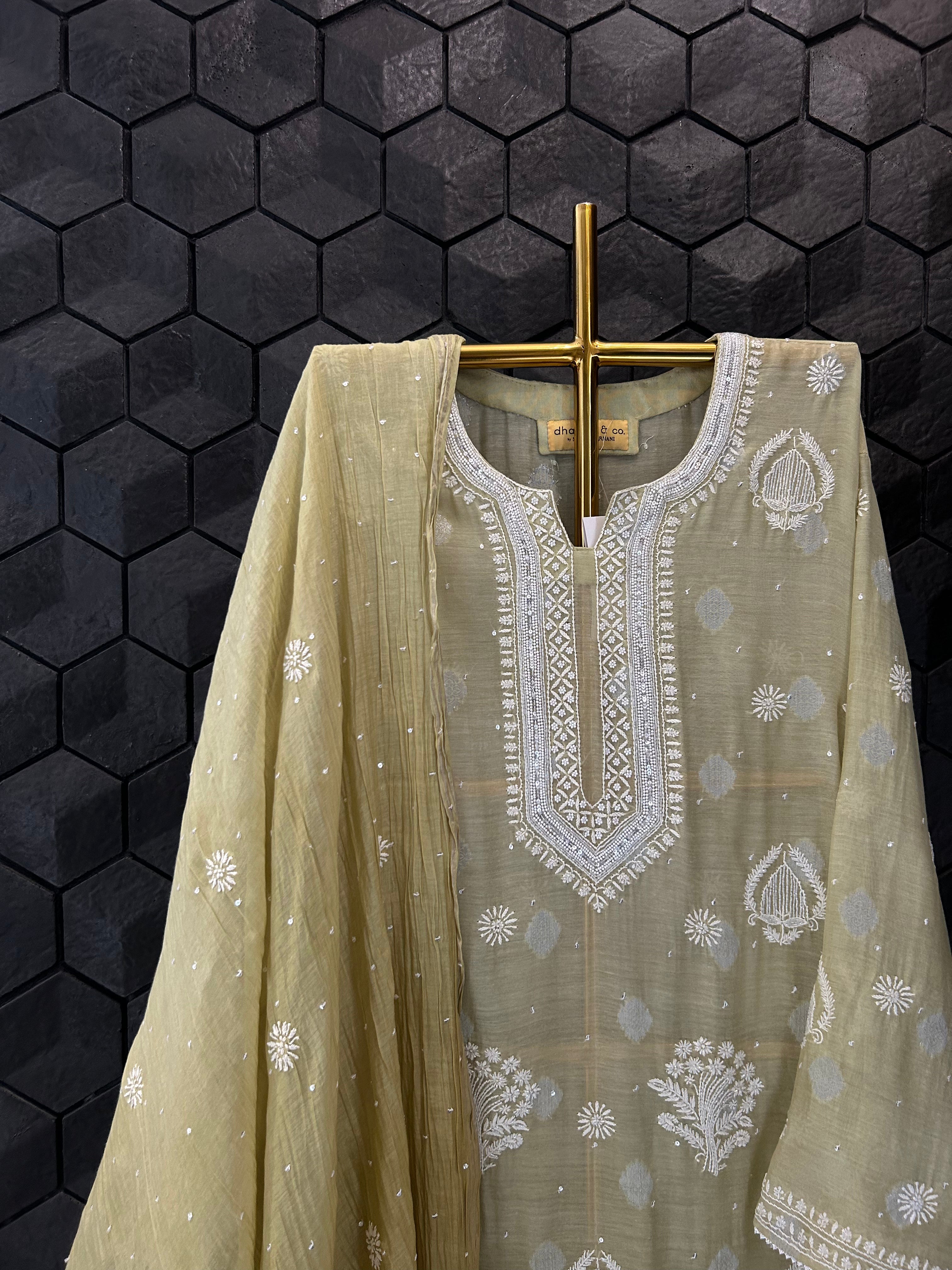 Pista Green Ombre Mul Chanderi Chikankari Kurta Set