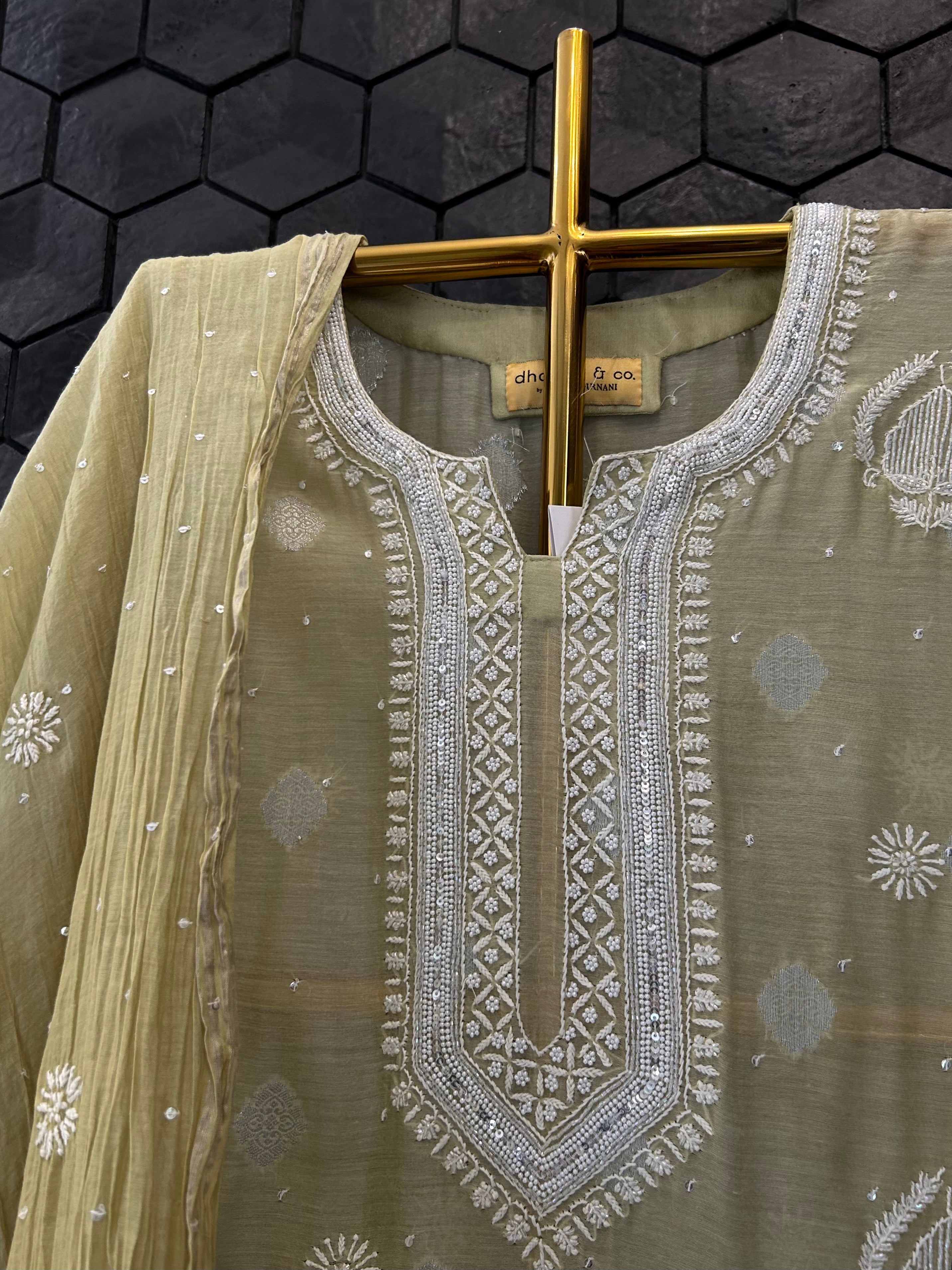 Pista Green Ombre Mul Chanderi Chikankari Kurta Set