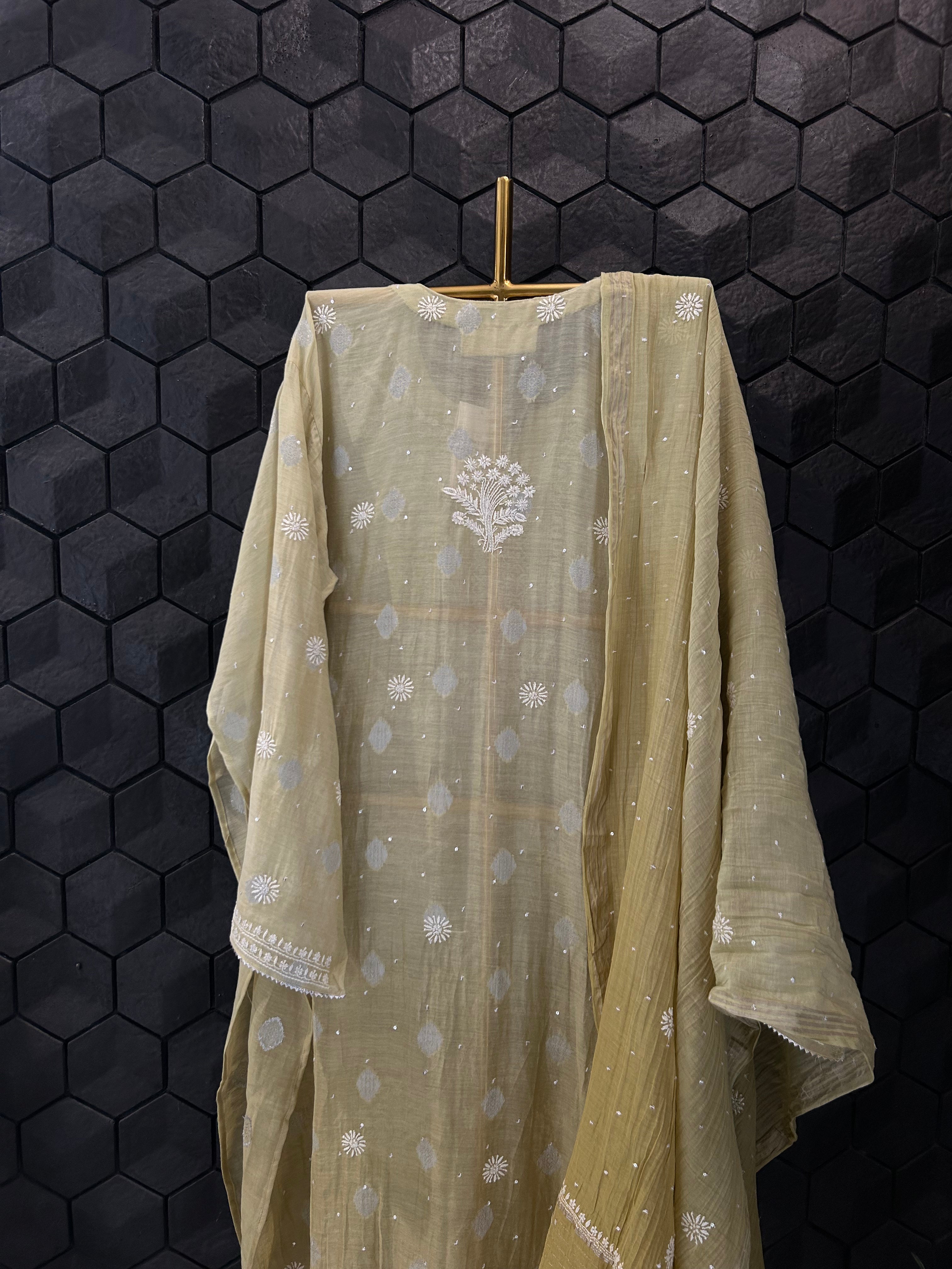 Pista Green Ombre Mul Chanderi Chikankari Kurta Set