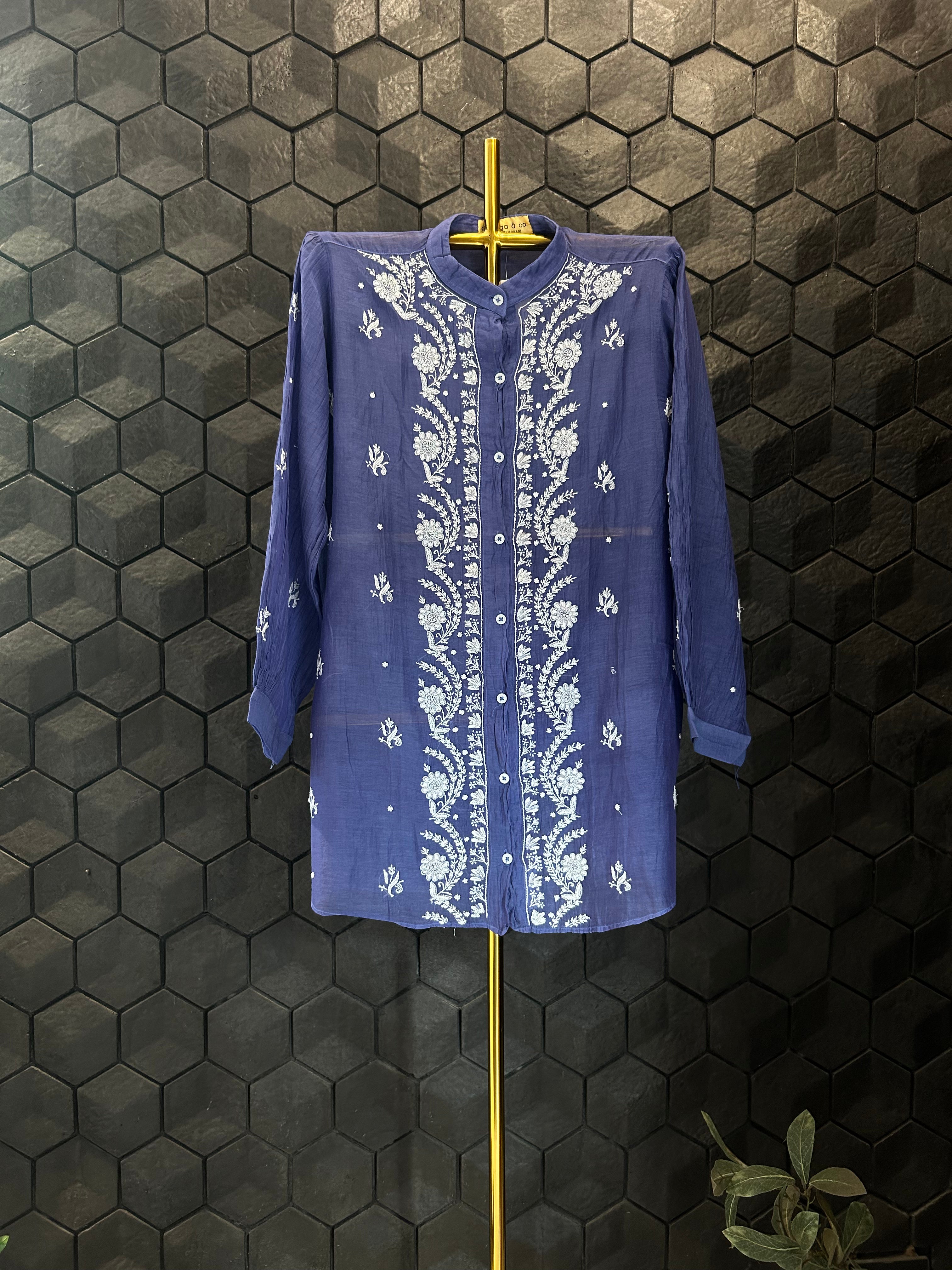 Blue Mul Chanderi Chikankari Shirt