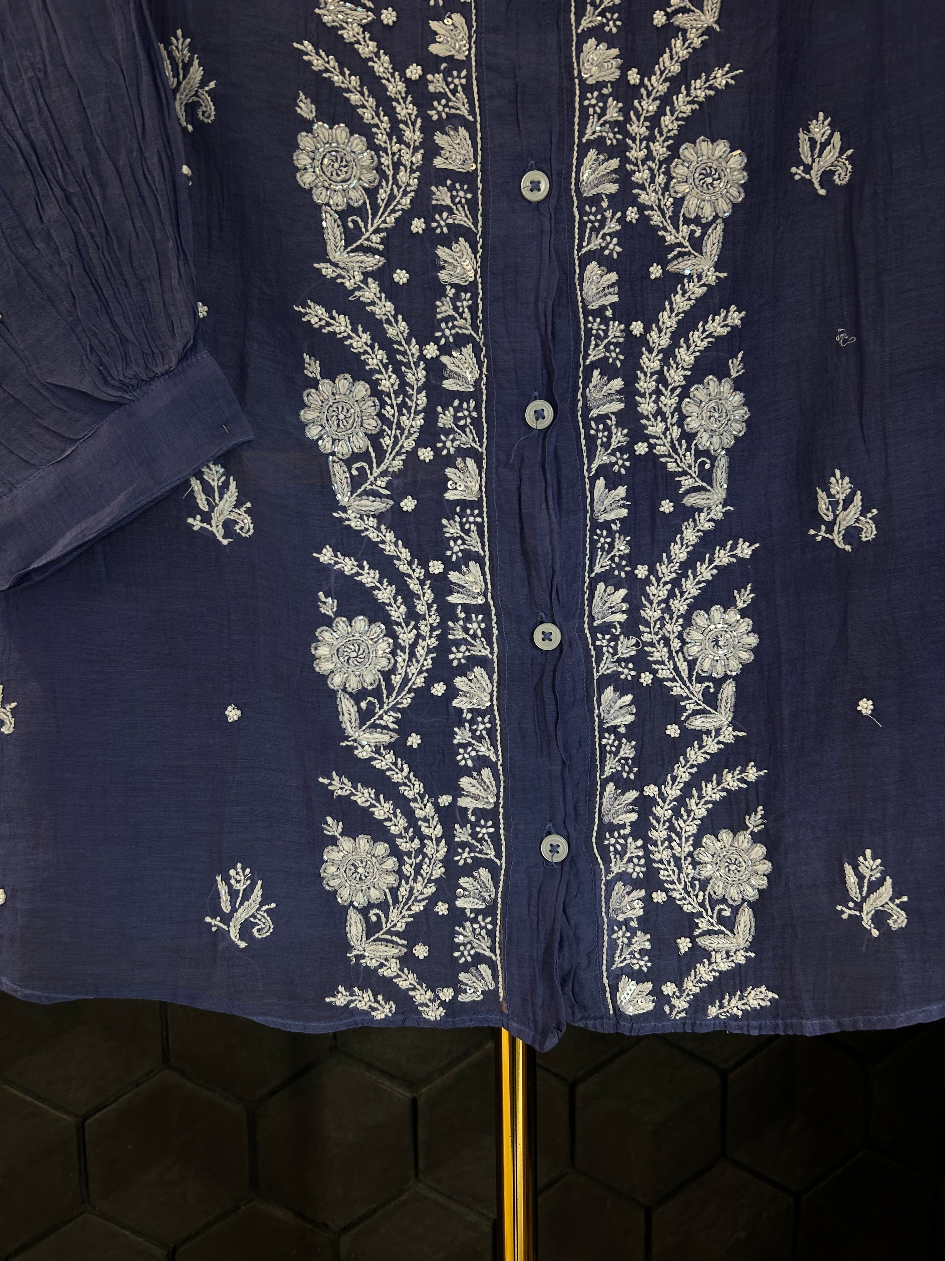 Blue Mul Chanderi Chikankari Shirt