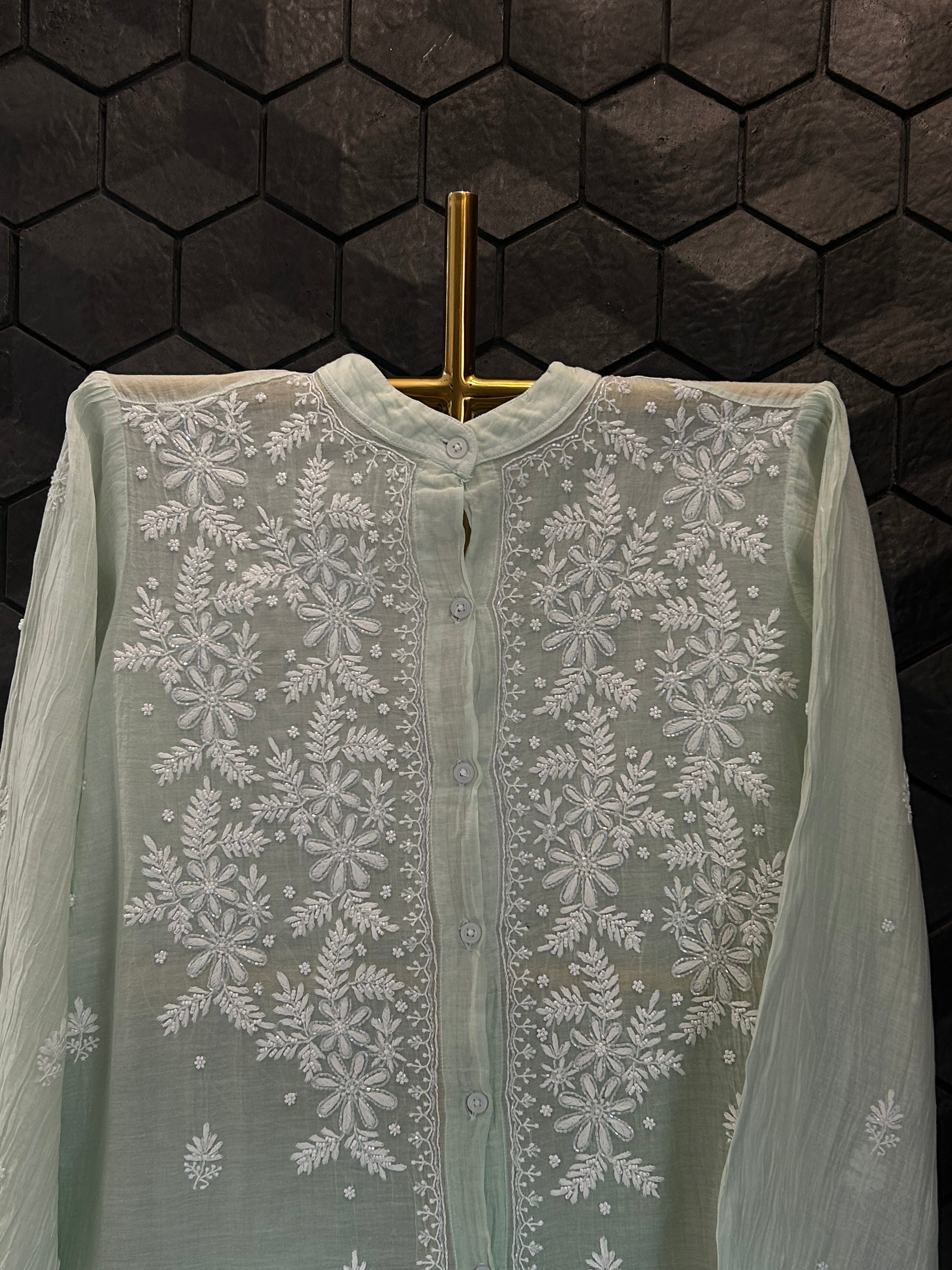 Sea Green Ombre Mul Chanderi Chikankari Shirt