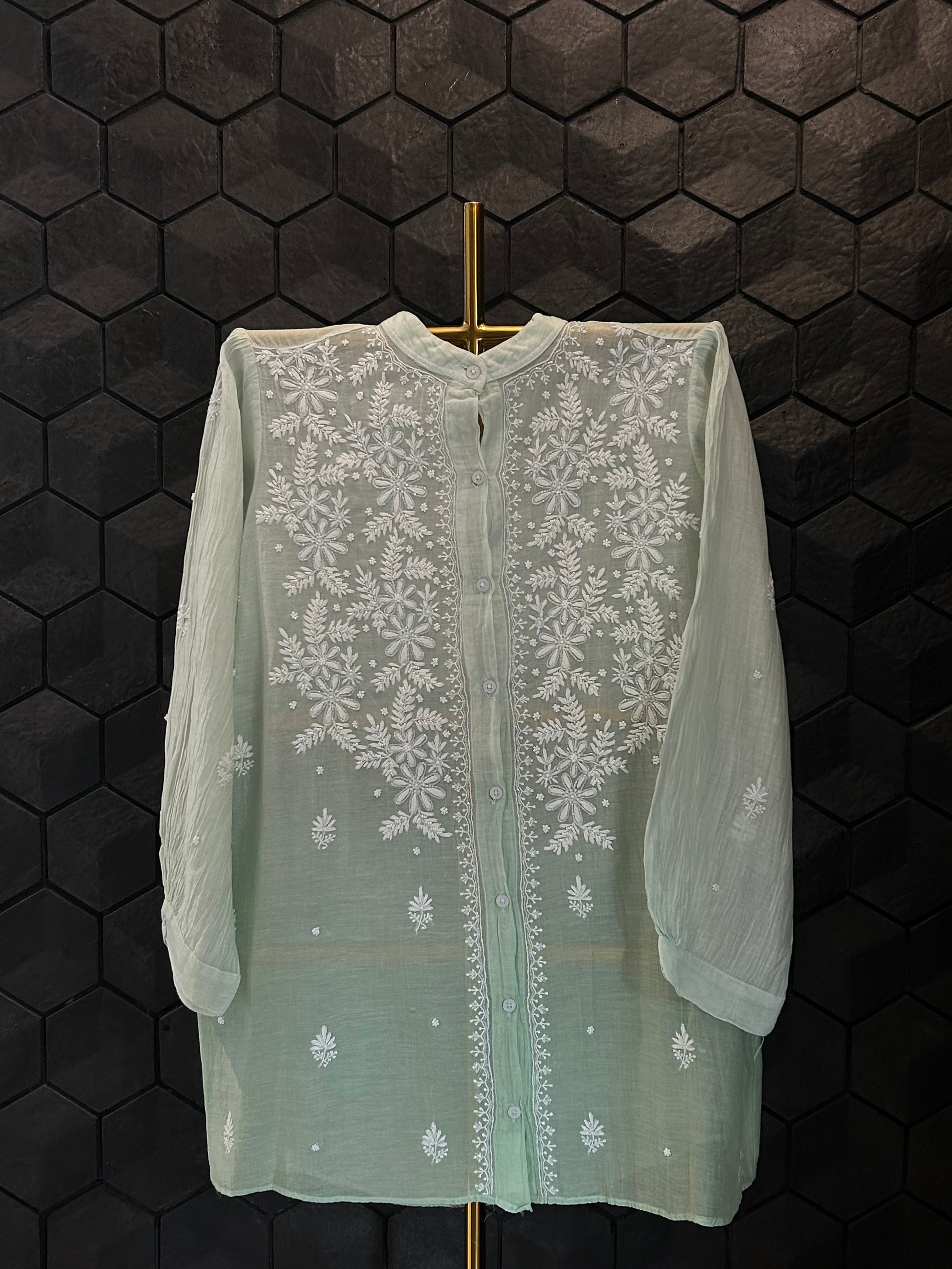 Sea Green Ombre Mul Chanderi Chikankari Shirt