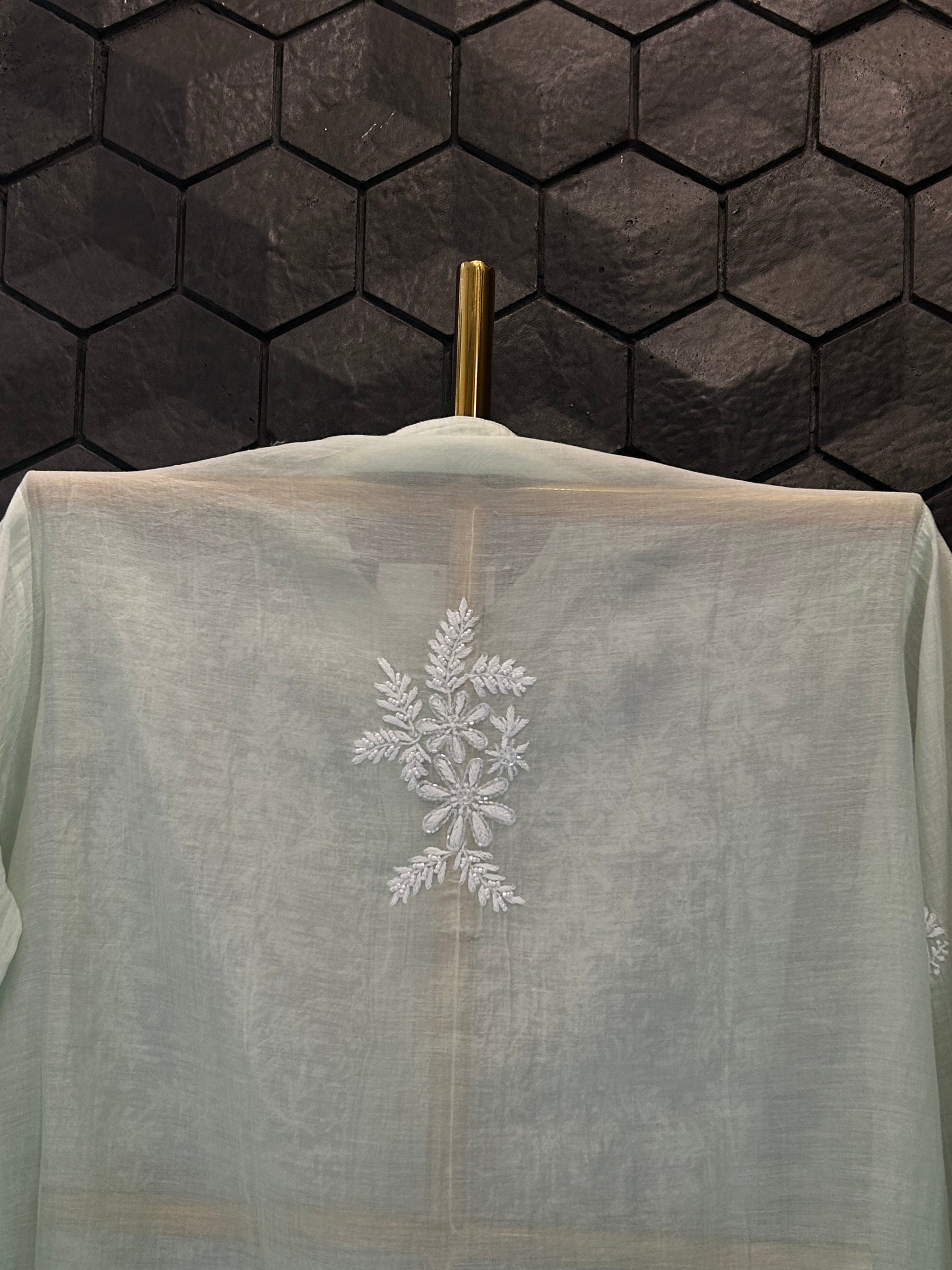 Sea Green Ombre Mul Chanderi Chikankari Shirt