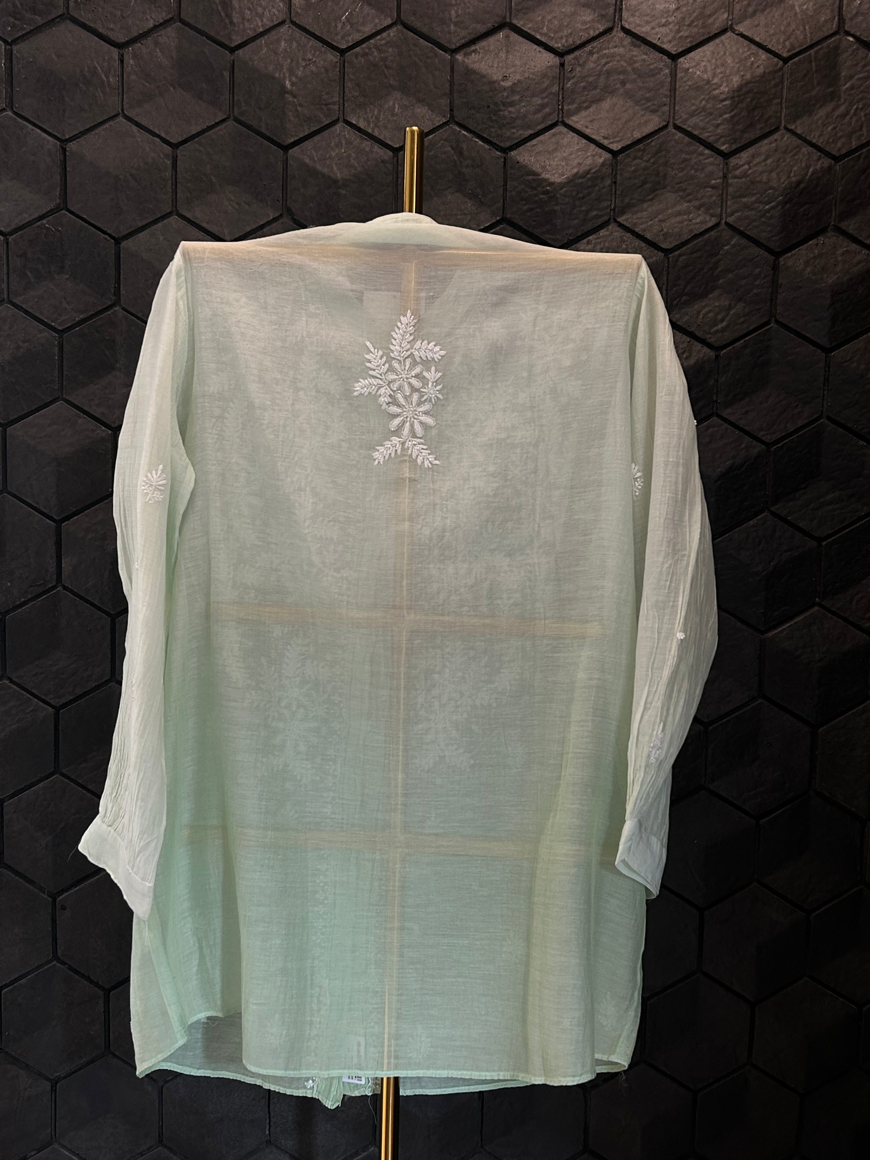 Sea Green Ombre Mul Chanderi Chikankari Shirt