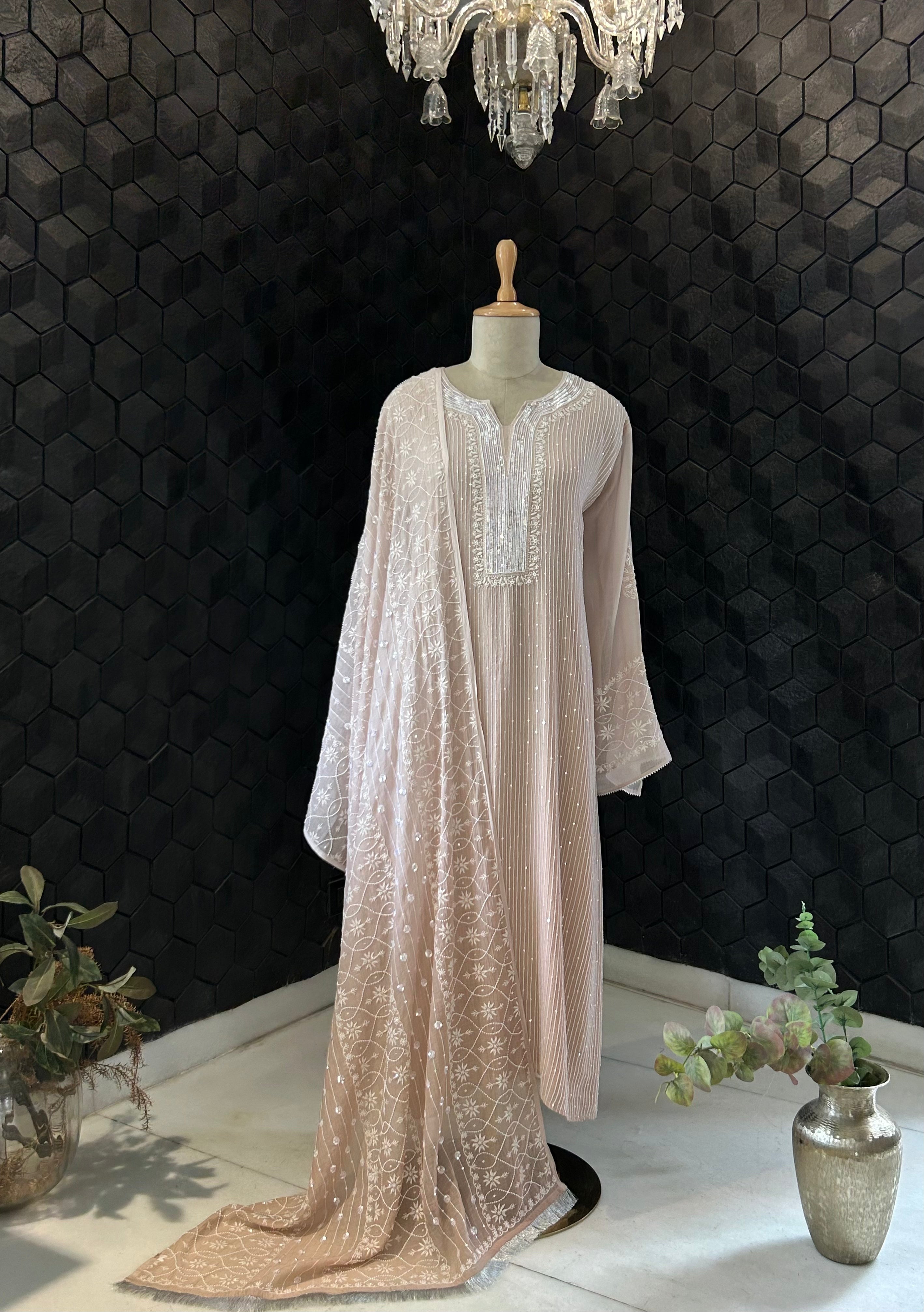 Pink Mul Chanderi Chikankari Kurta Set