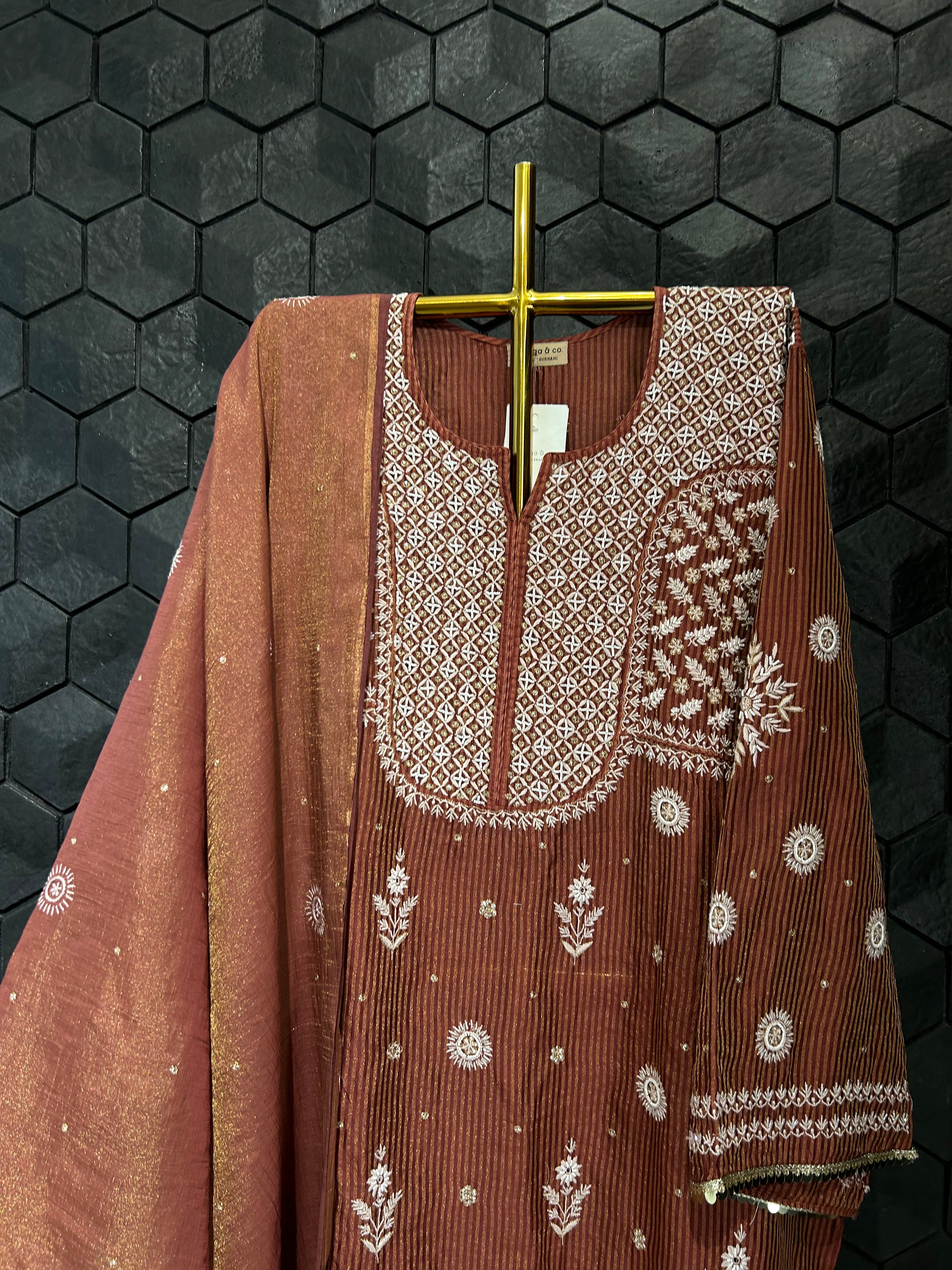 Maroon Zari Stripped Tissue&nbsp; Chikankari Kurta Set