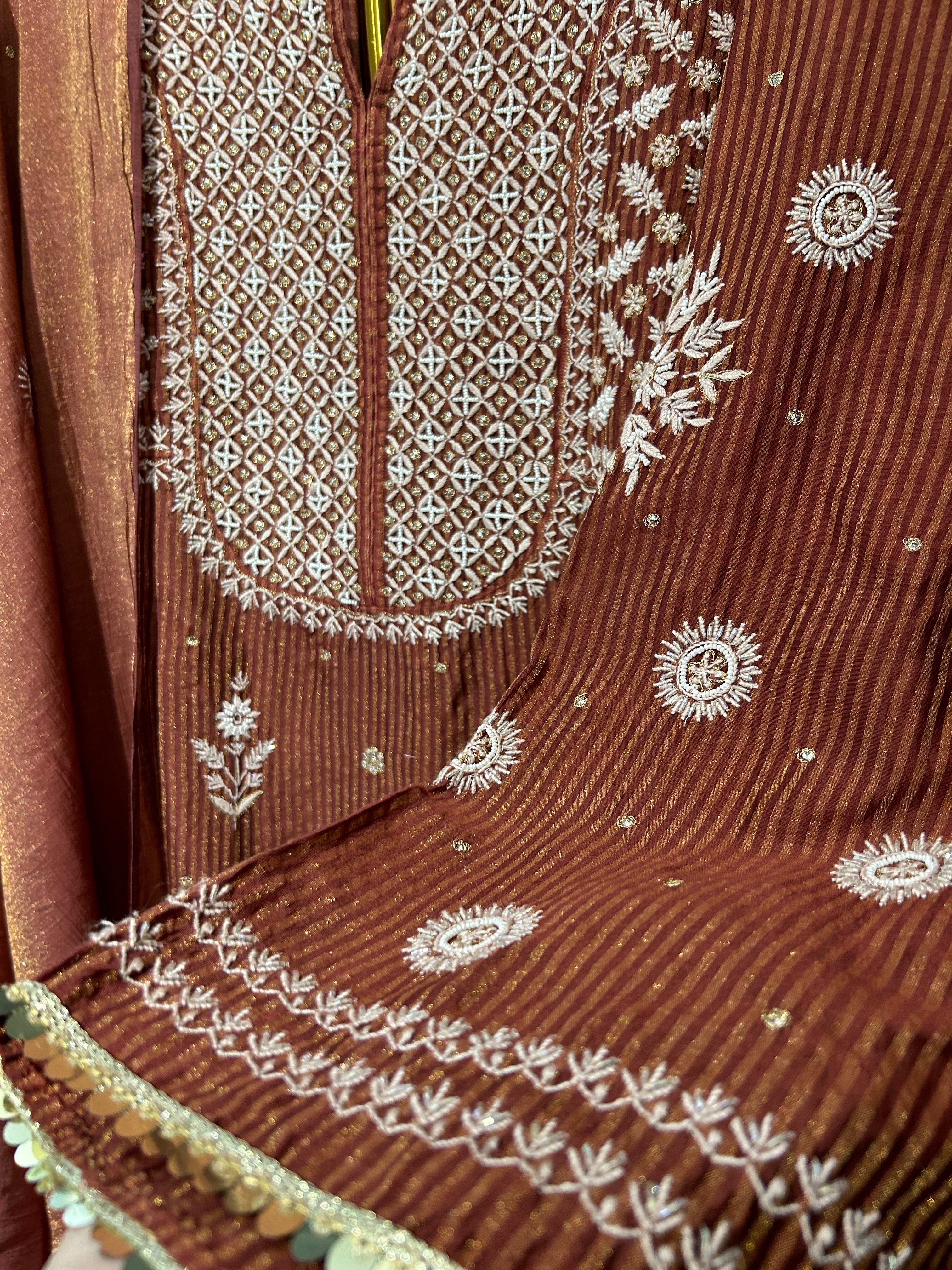 Maroon Zari Stripped Tissue&nbsp; Chikankari Kurta Set