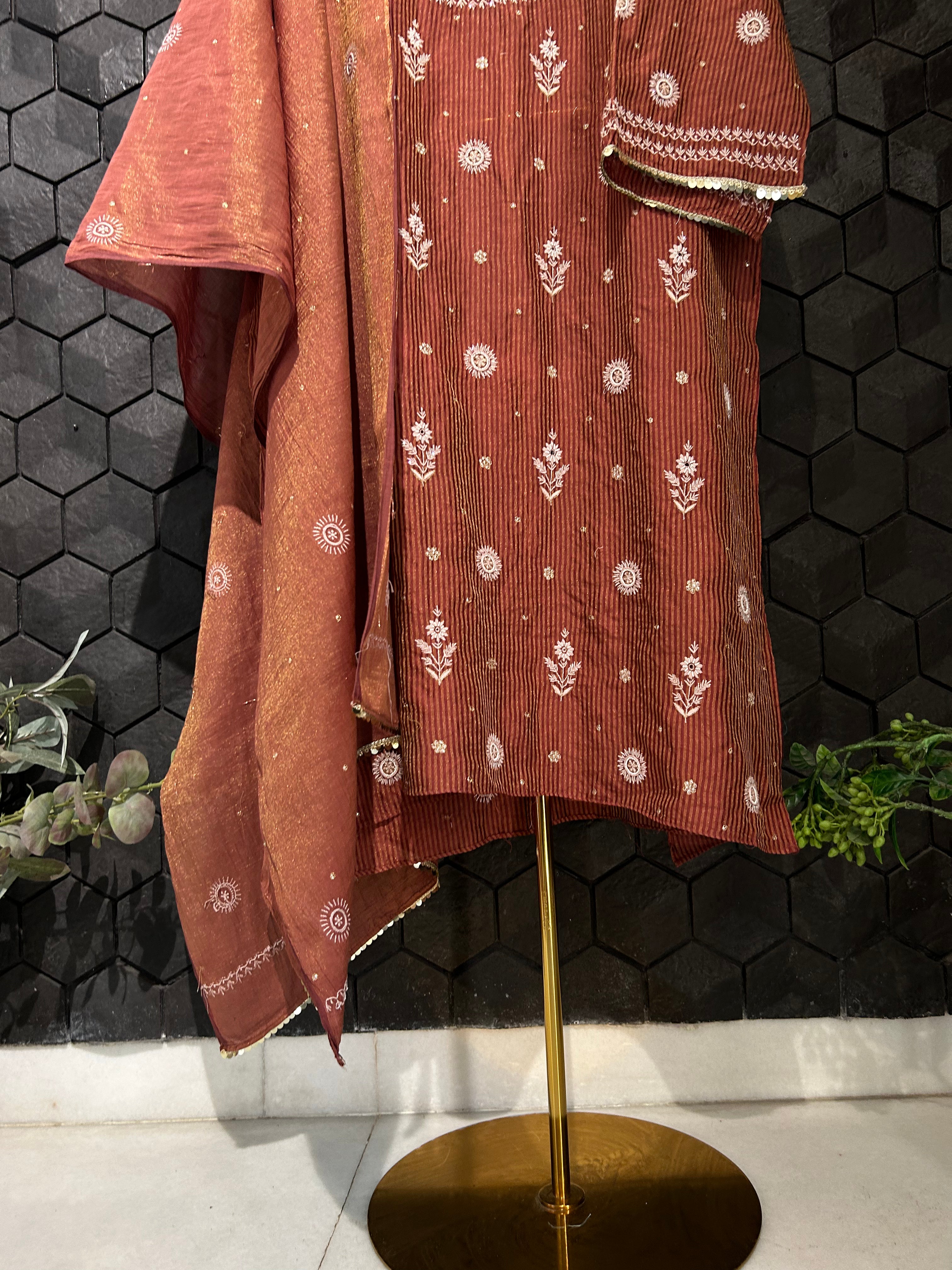 Maroon Zari Stripped Tissue&nbsp; Chikankari Kurta Set