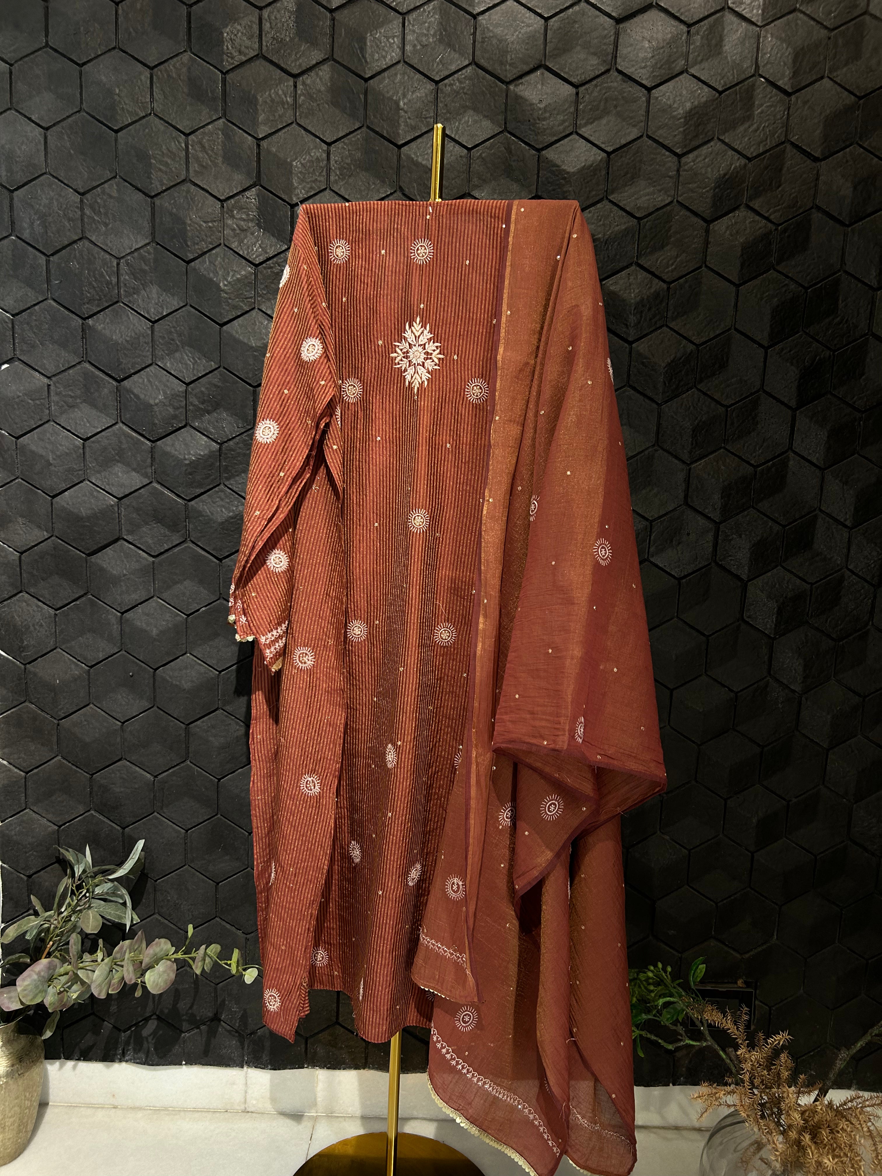 Maroon Zari Stripped Tissue&nbsp; Chikankari Kurta Set