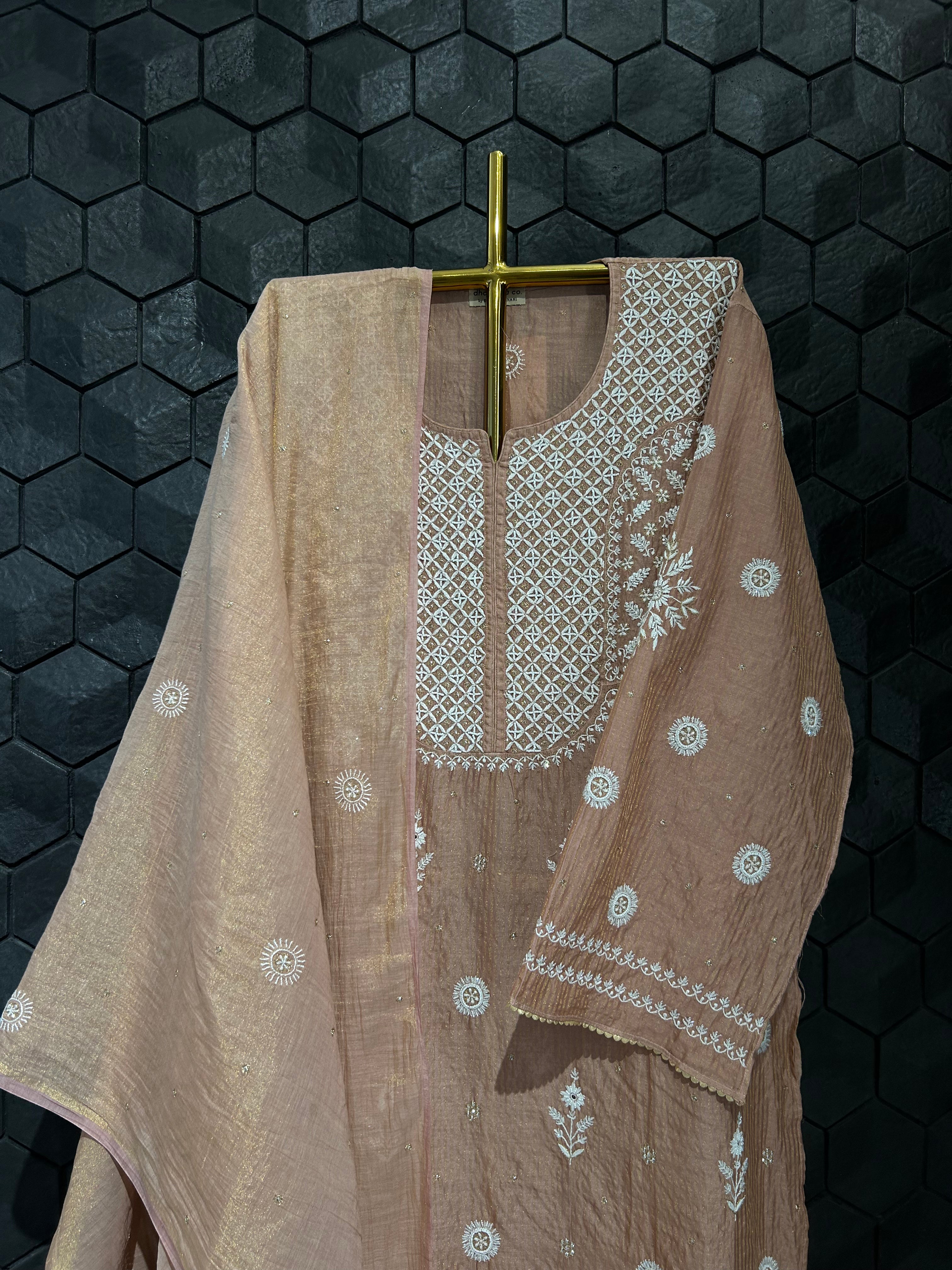 Rust Zari Stripped Tissue Chikankari Kurta Set