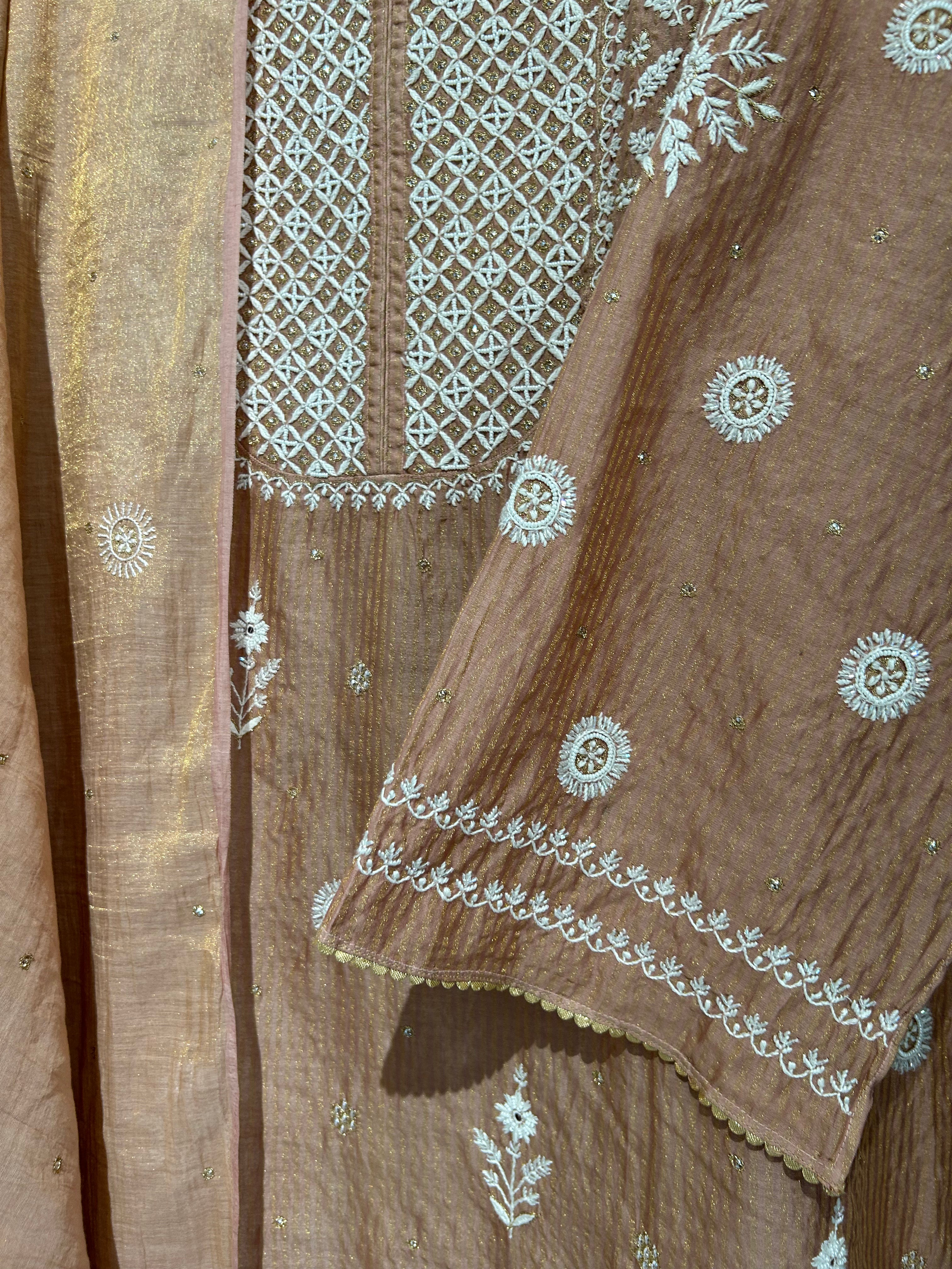 Rust Zari Stripped Tissue Chikankari Kurta Set