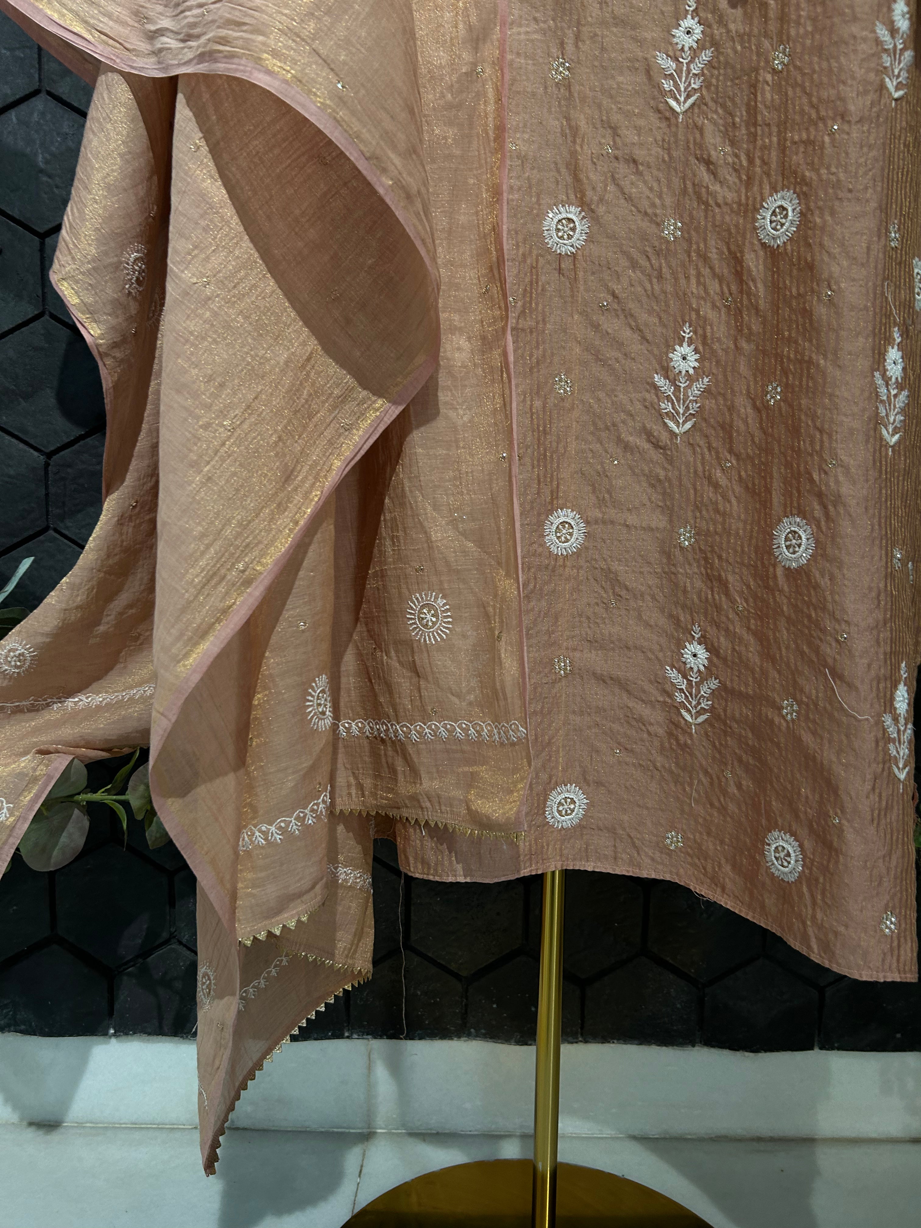 Rust Zari Stripped Tissue Chikankari Kurta Set