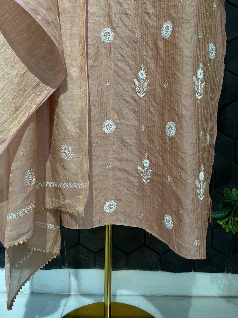 Rust Zari Stripped Tissue Chikankari Kurta Set