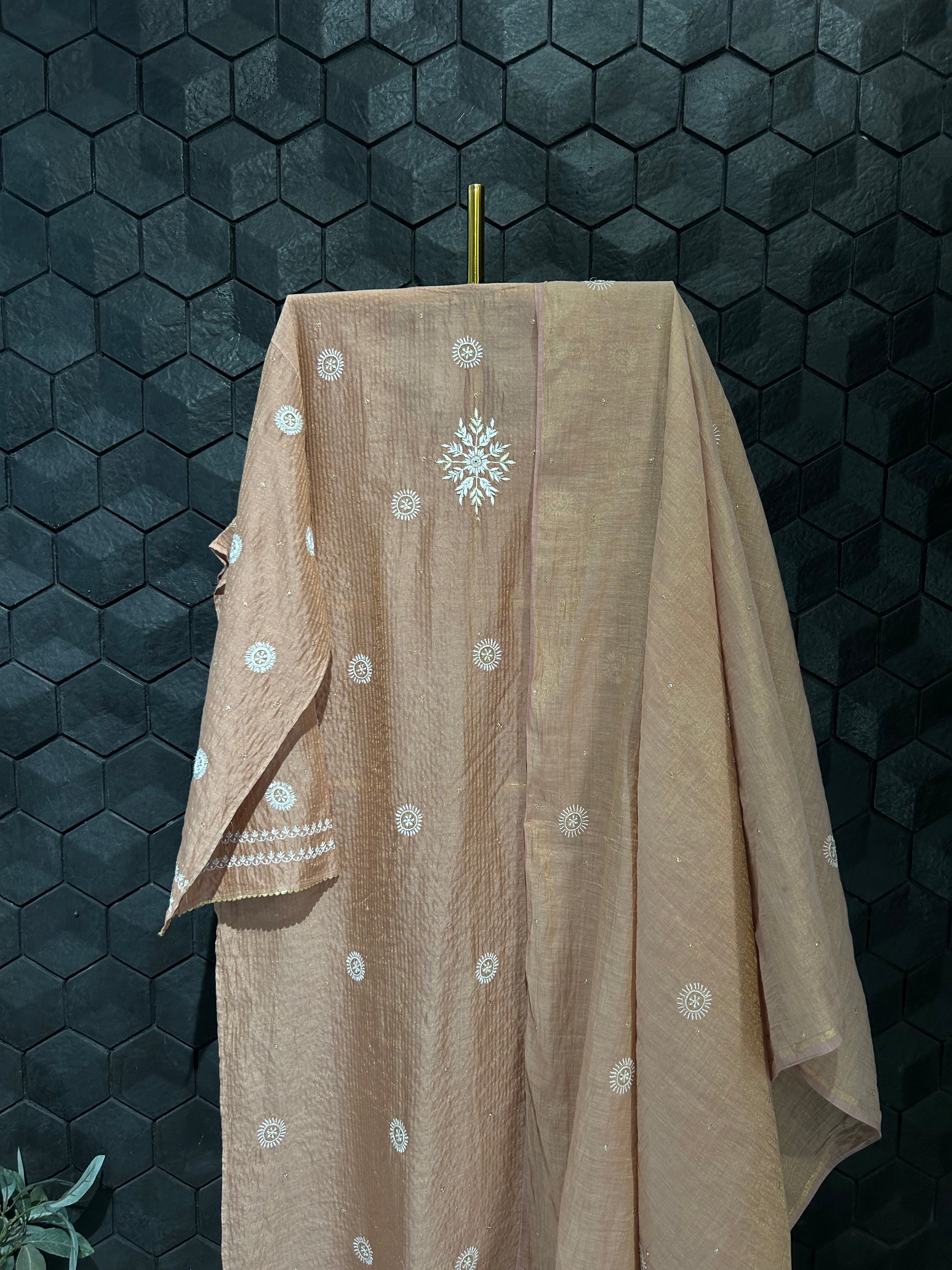 Rust Zari Stripped Tissue Chikankari Kurta Set