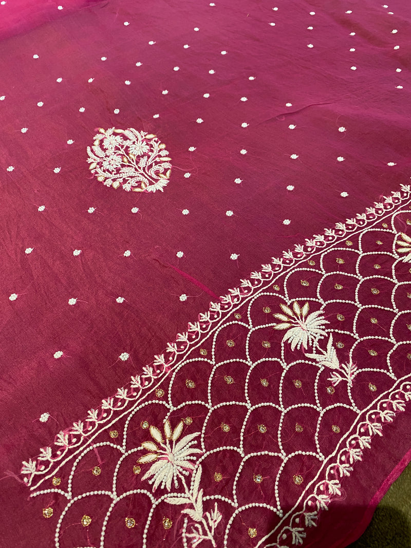 Magenta Organza Chikankari Suit Set