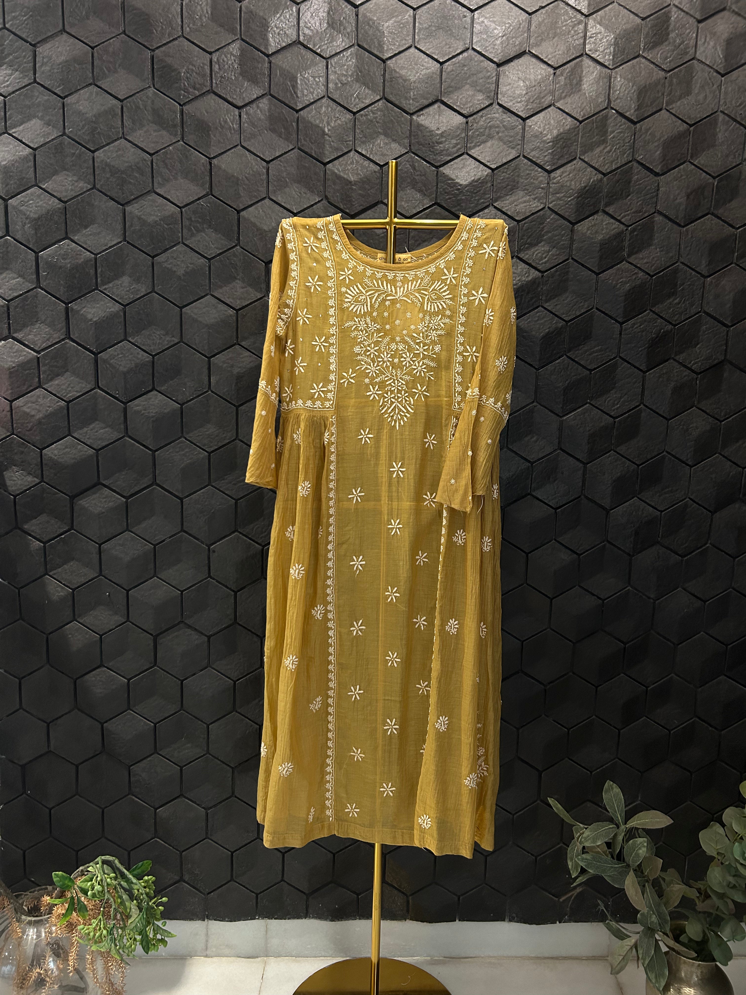 Mustard Mul Chanderi Chikankari Tunic