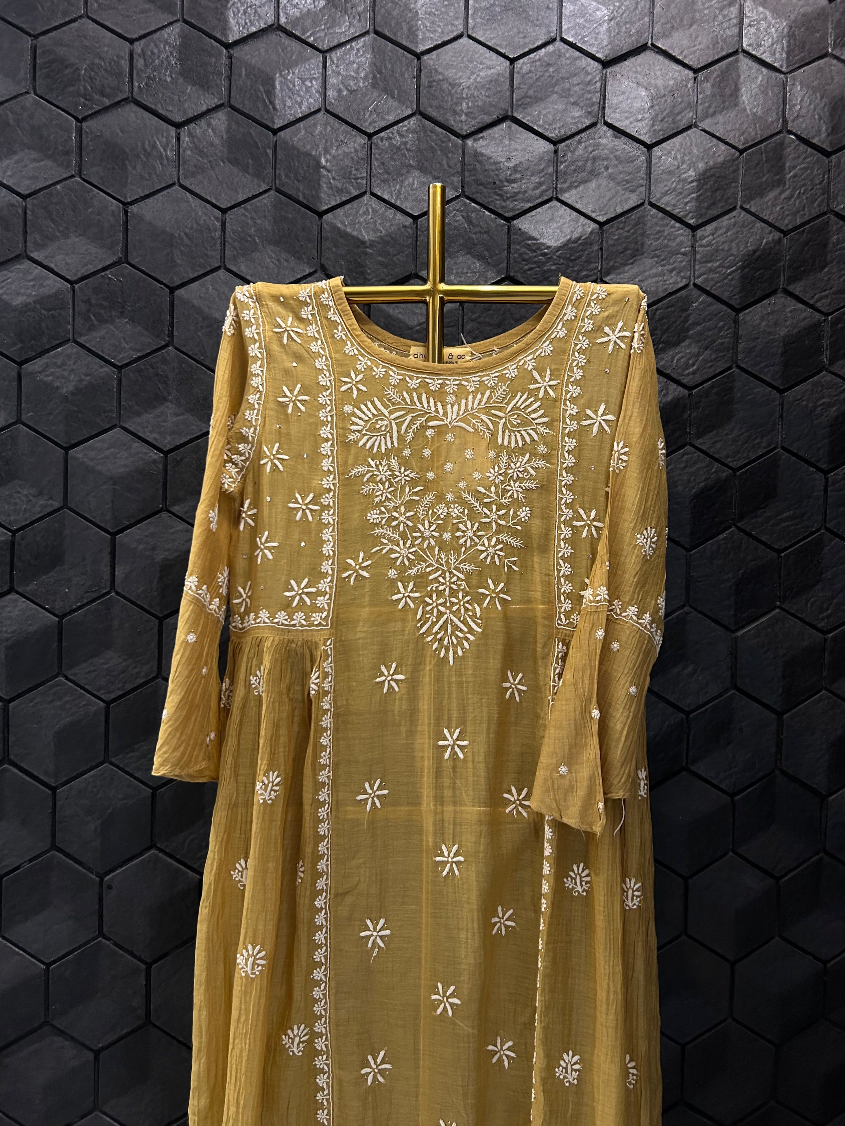 Mustard Mul Chanderi Chikankari Tunic