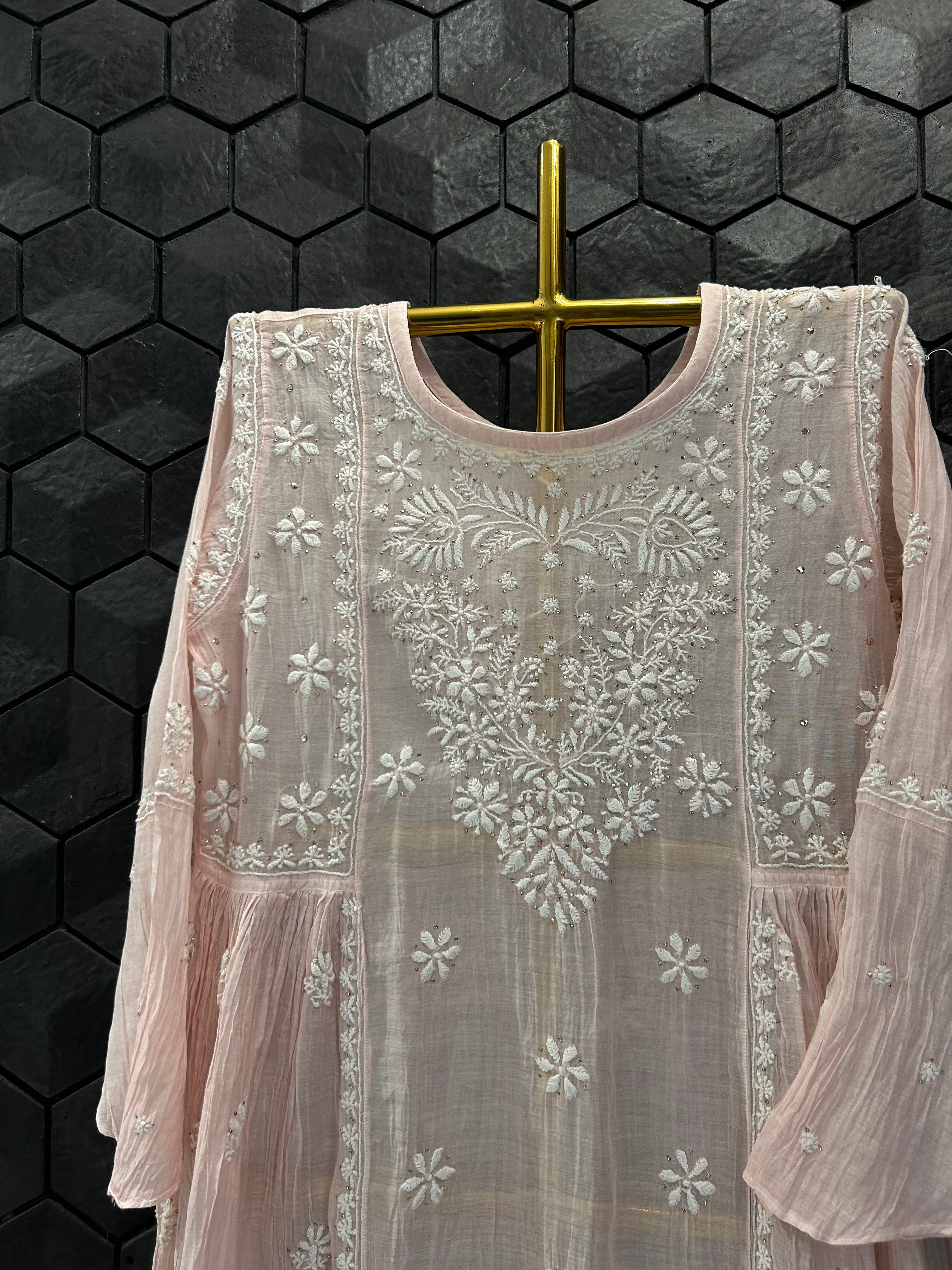 Pink Mul Chanderi Chikankari Tunic