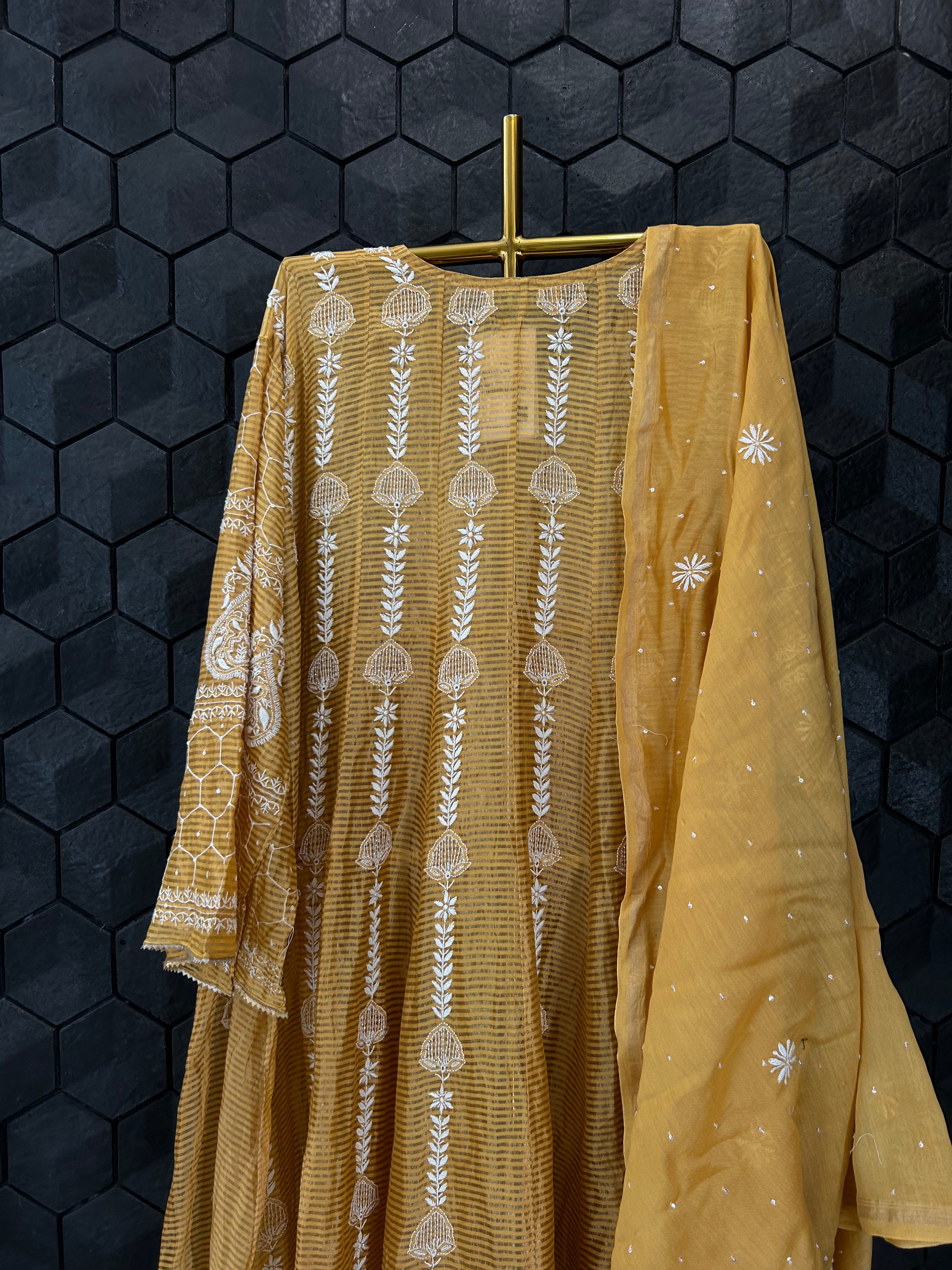 Mustard Striped Tissue Chikankari Anarkali Set