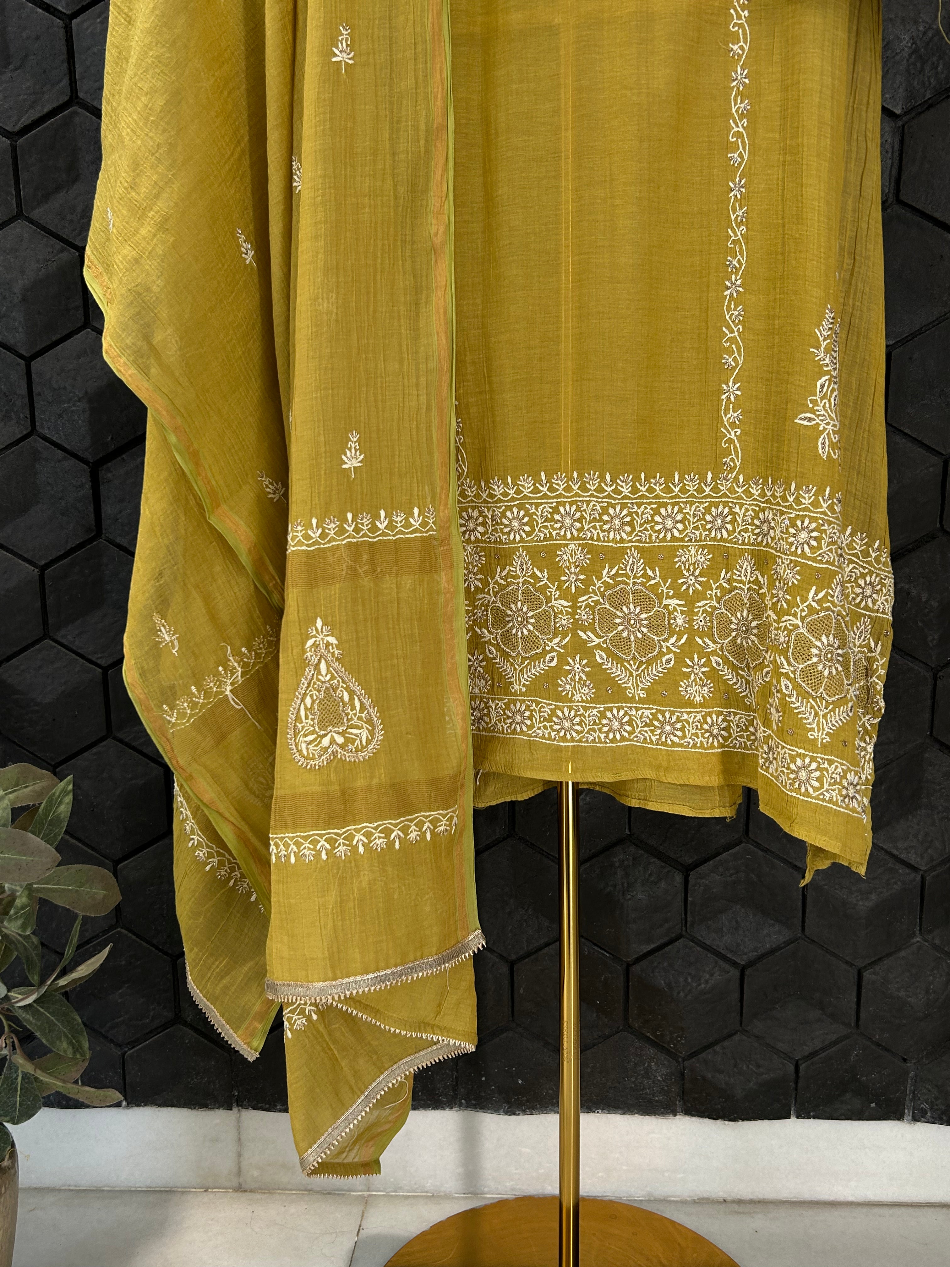 Lime Green Zari Tissue Chikankari Kurta Set