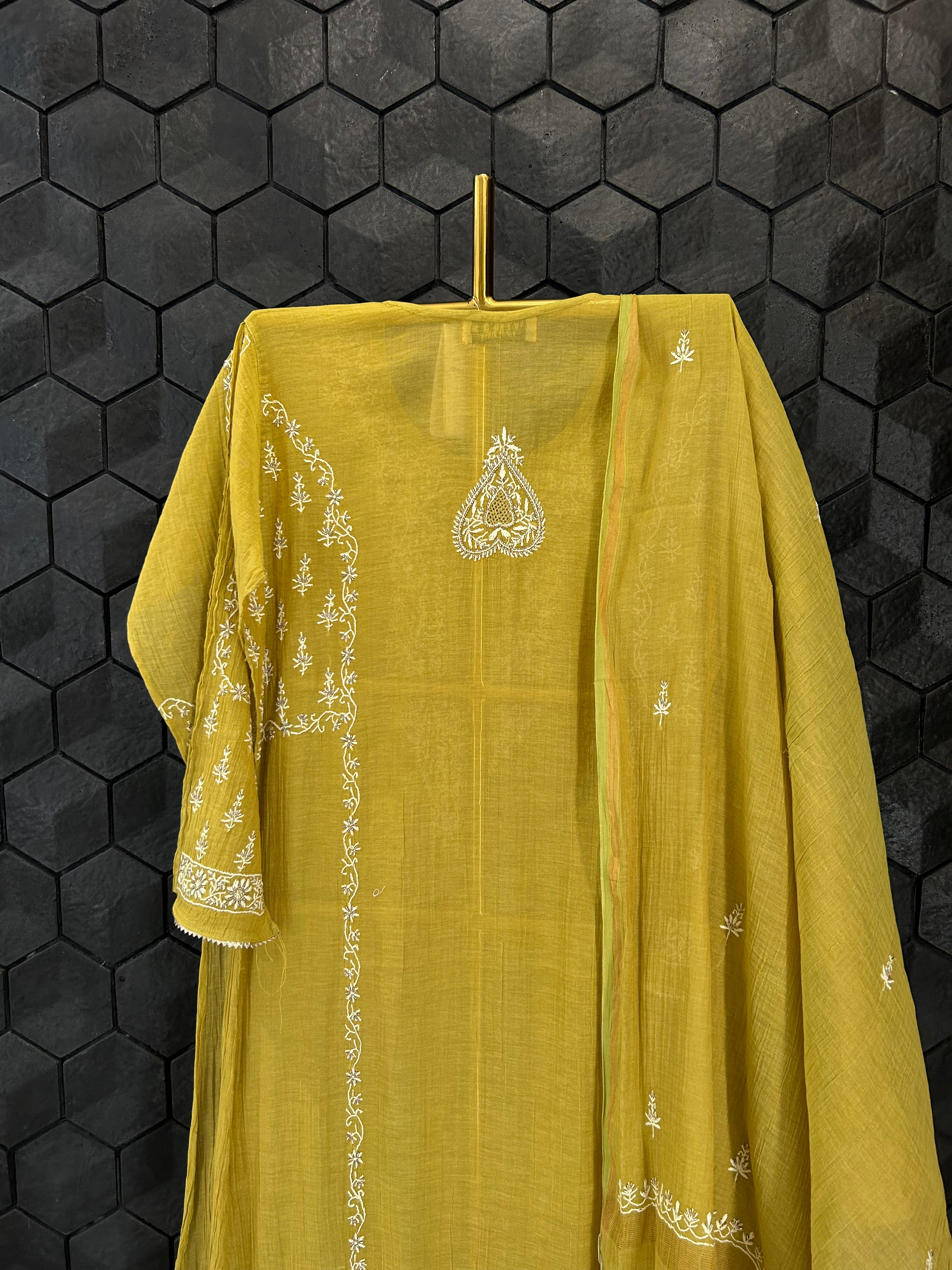 Lime Green Zari Tissue Chikankari Kurta Set