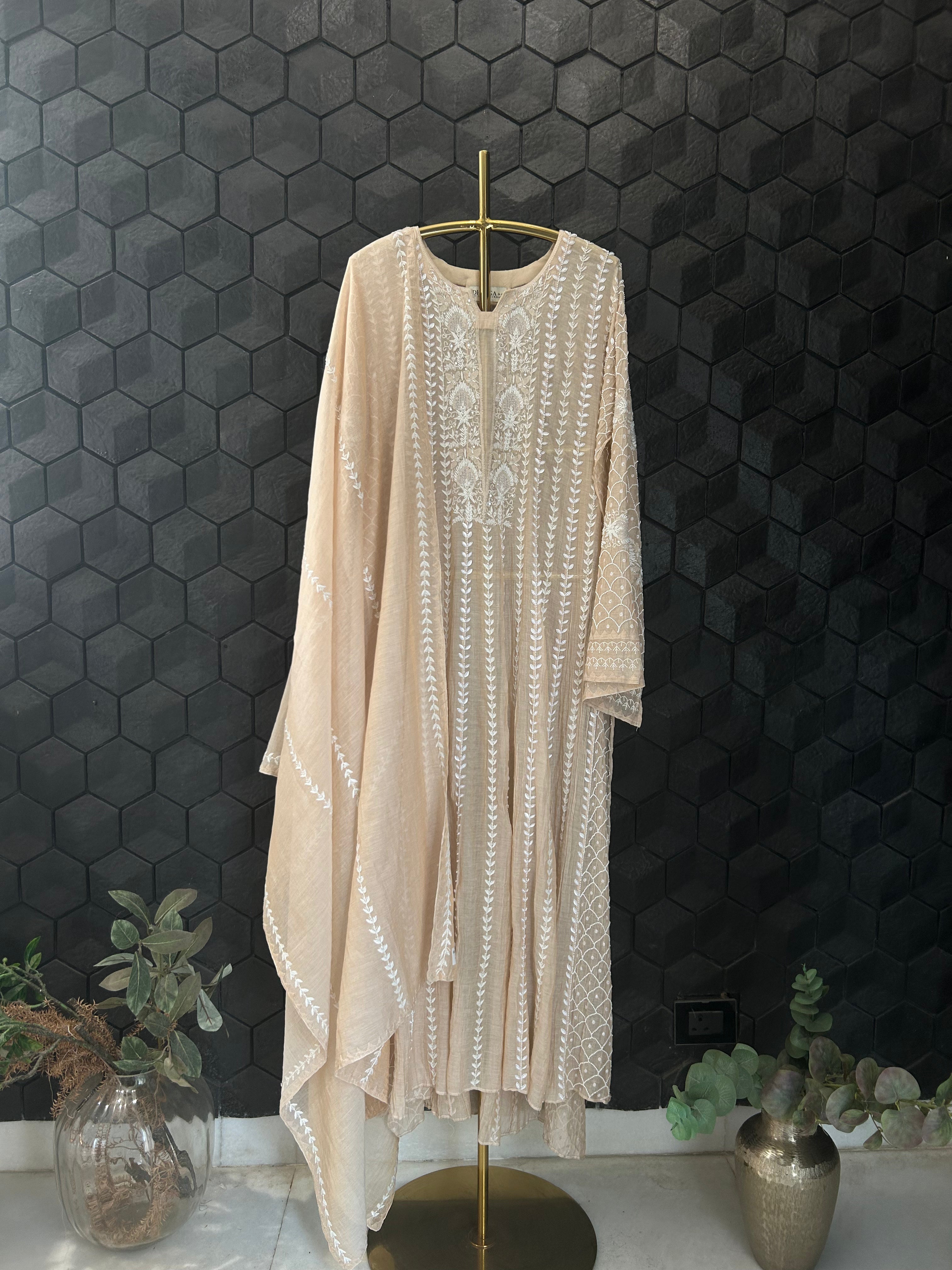 Beige Tissue Chikankari Anarkali Set