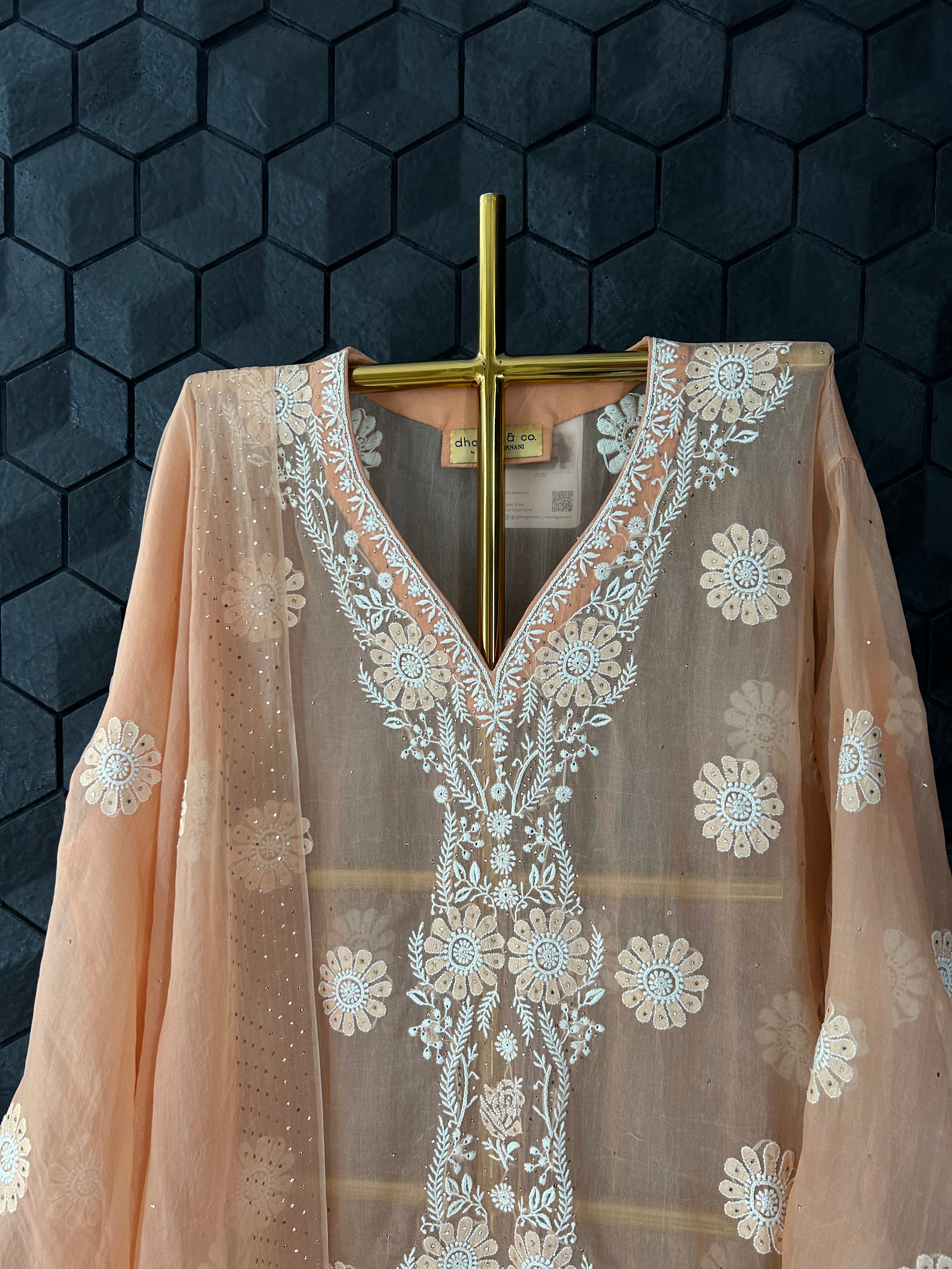 Peach organza Chikankari Suit Set