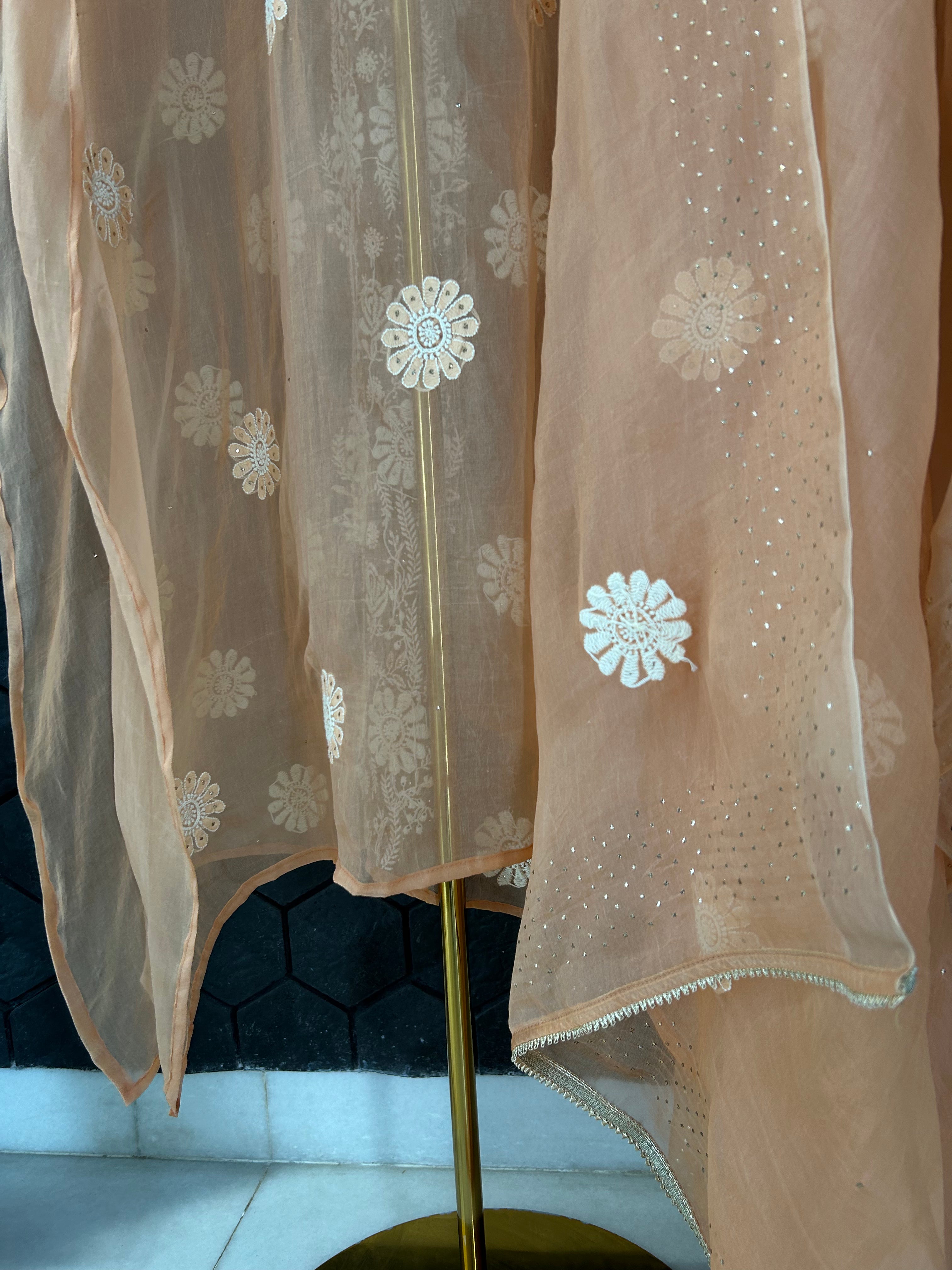 Peach organza Chikankari Suit Set