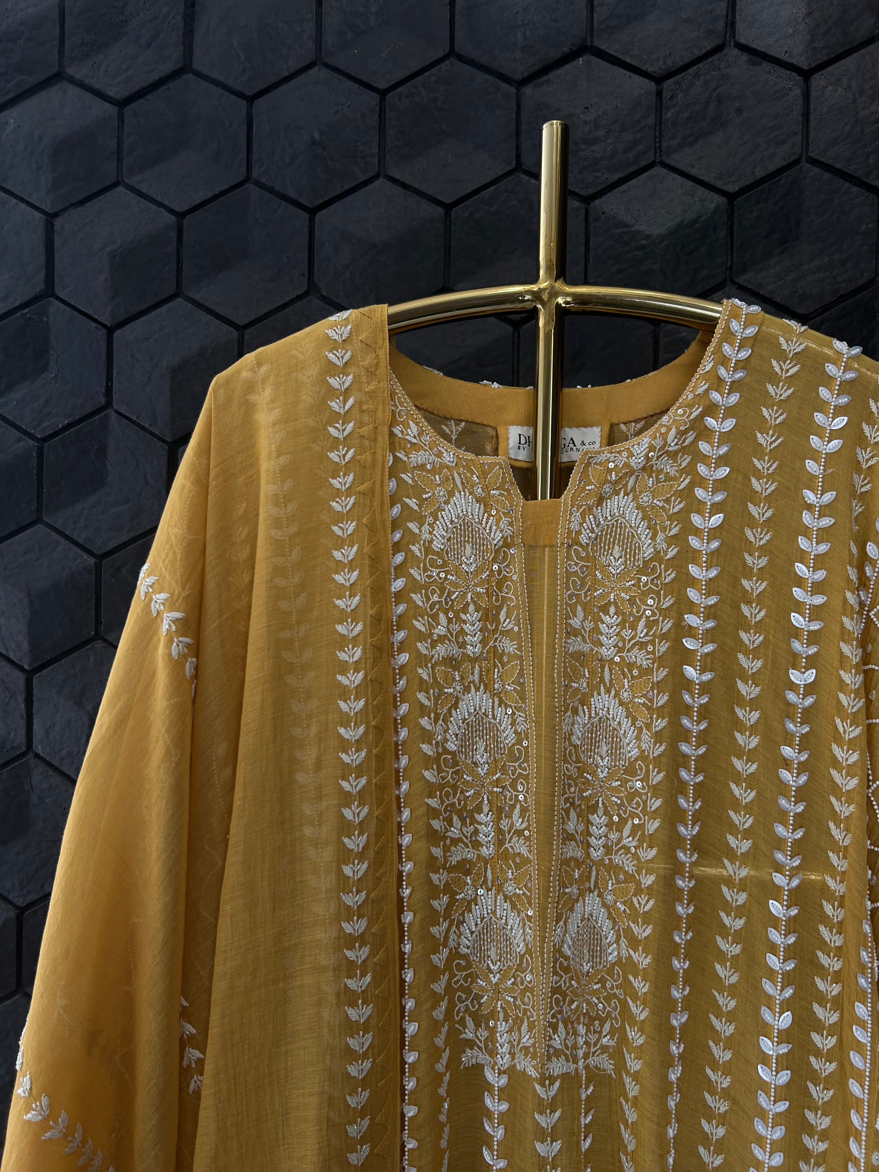 Mustard Tissue Chikankari Anarakali  Set