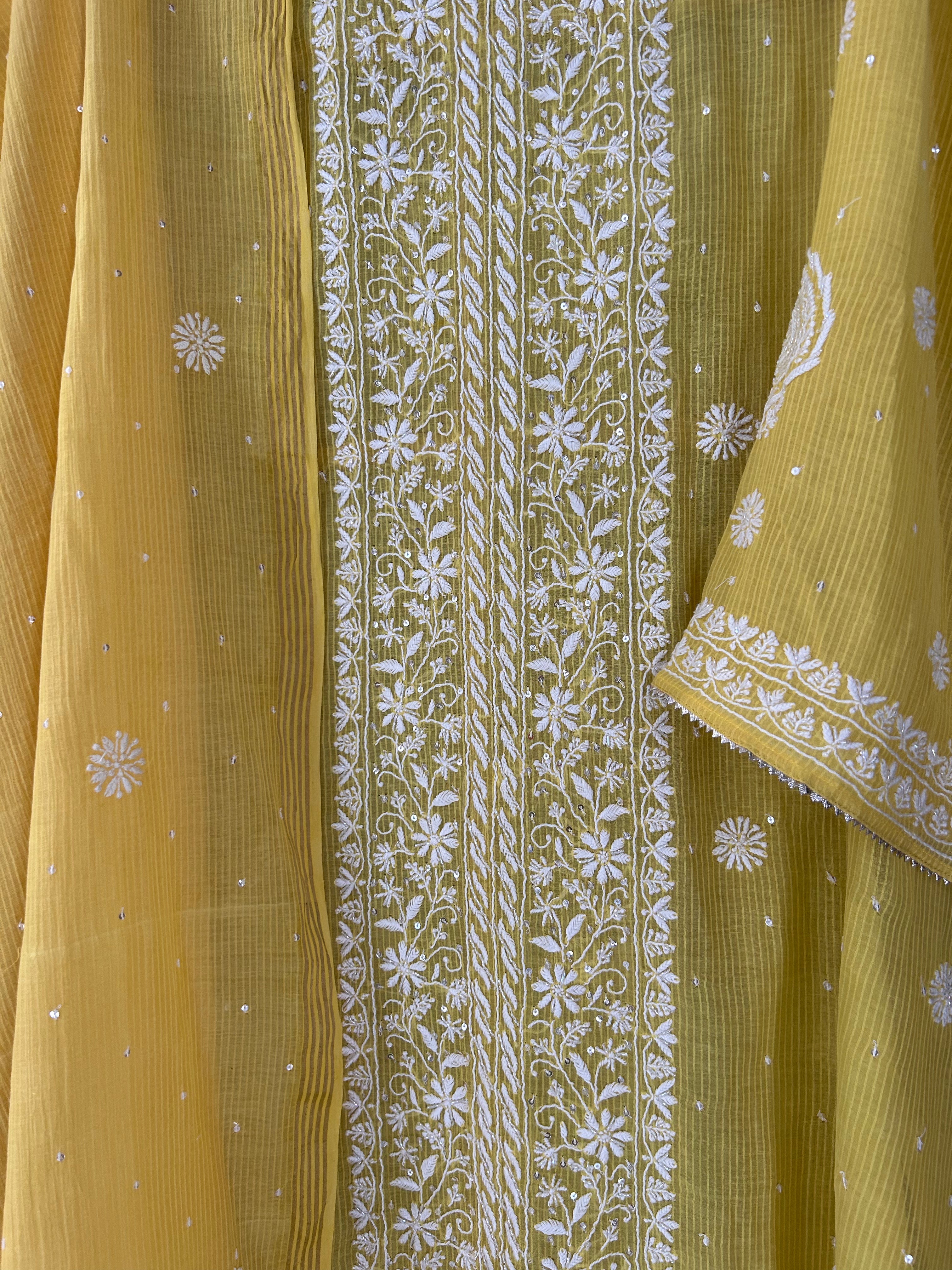 Yellow Maheshwari Chikankari kurta set