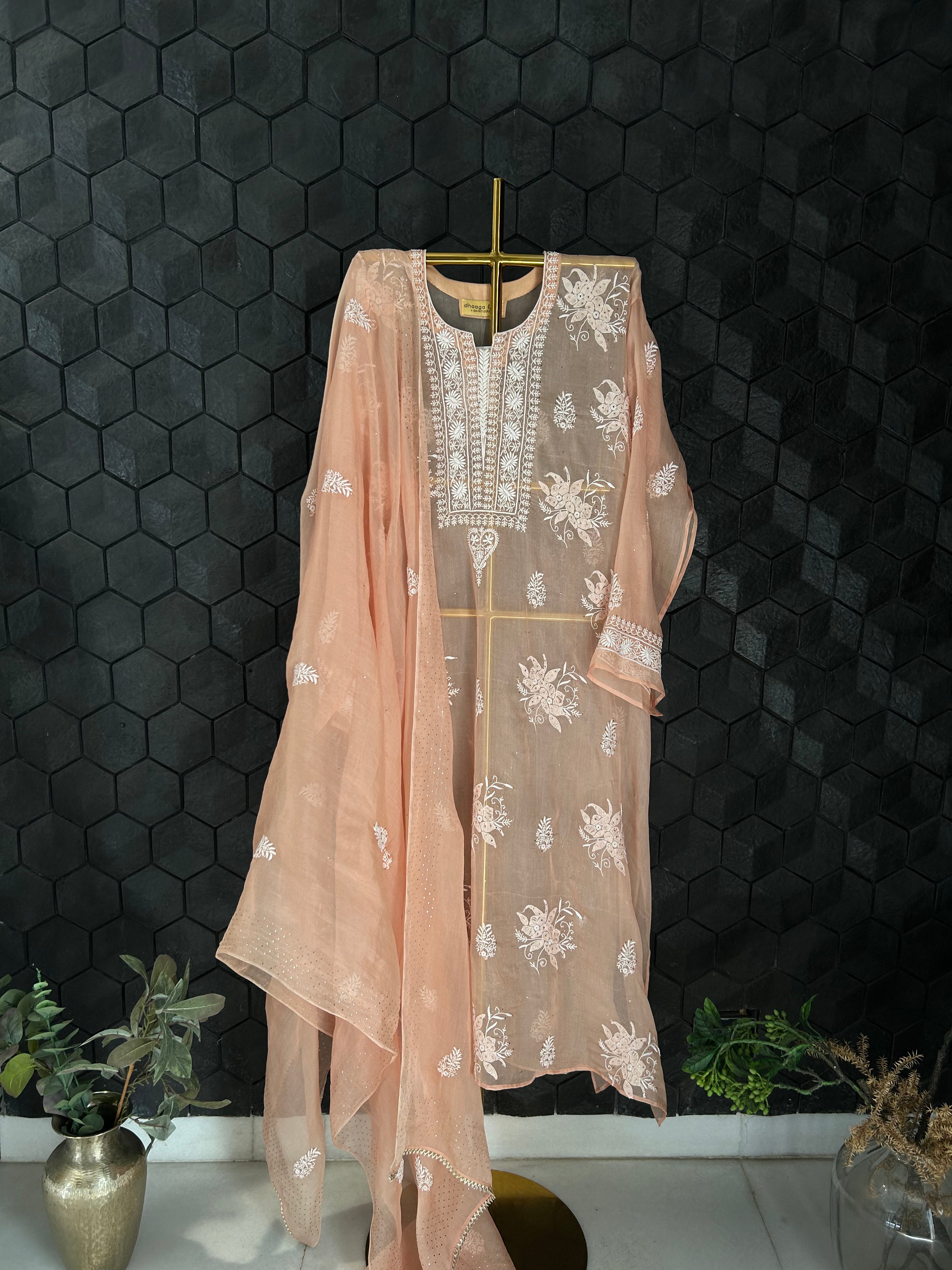 Peach Organza Chikankari Suit Set