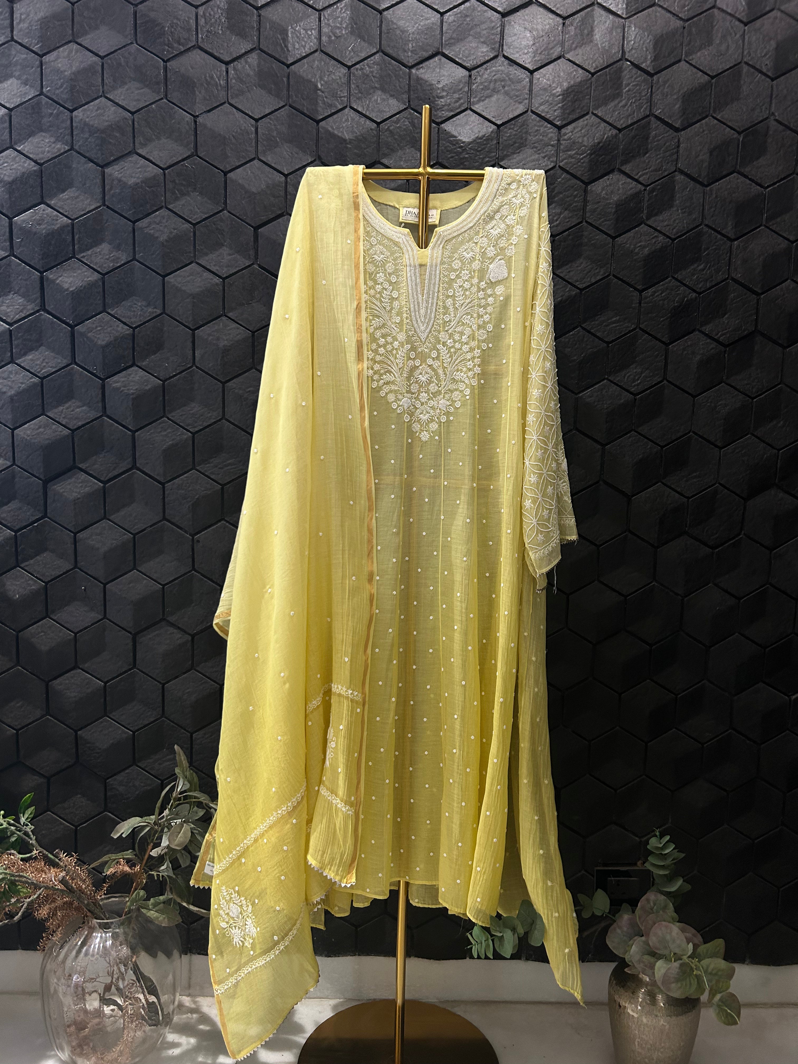 Lime Green Mul Chanderi Chikankari Anarkali Set