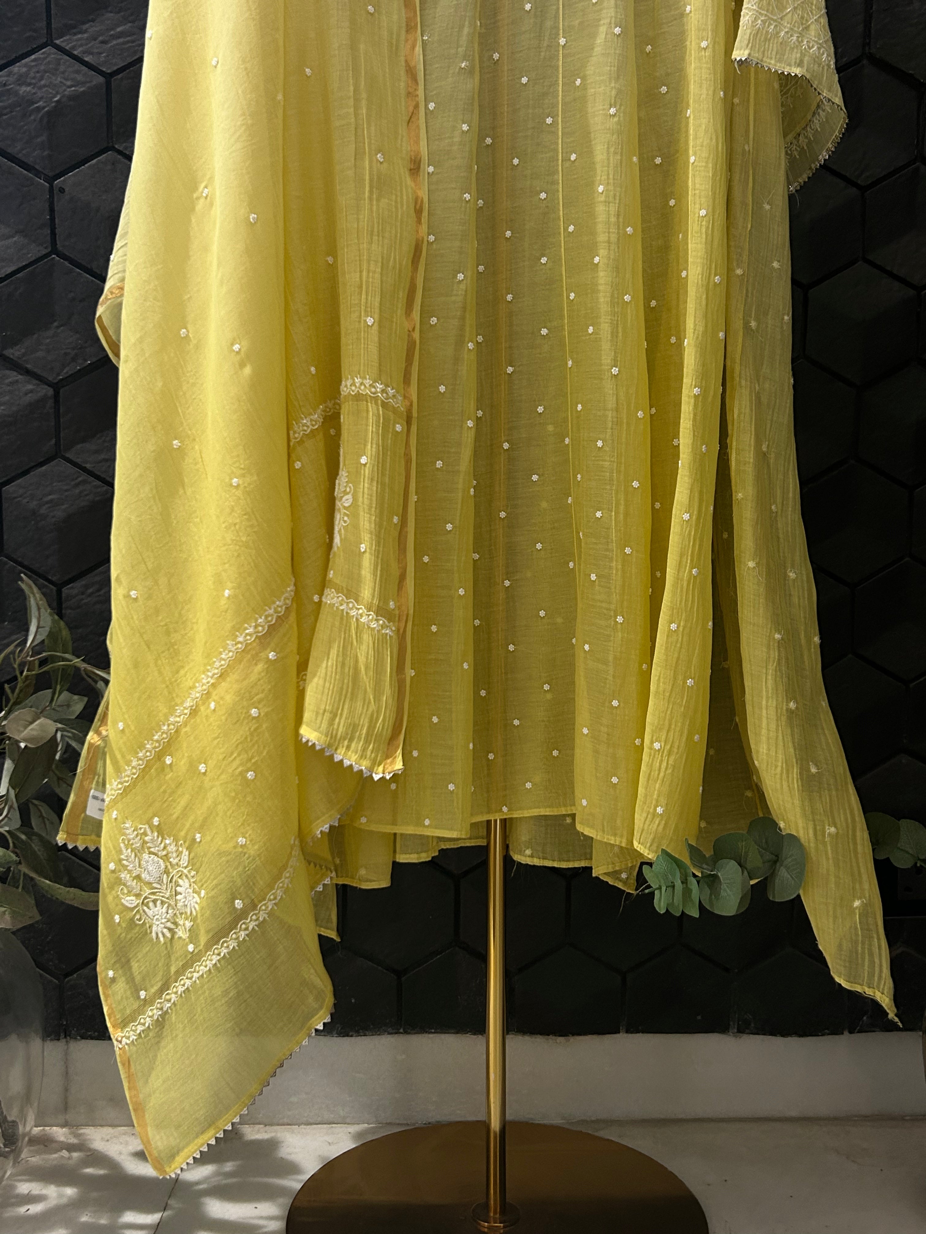 Lime Green Mul Chanderi Chikankari Anarkali Set