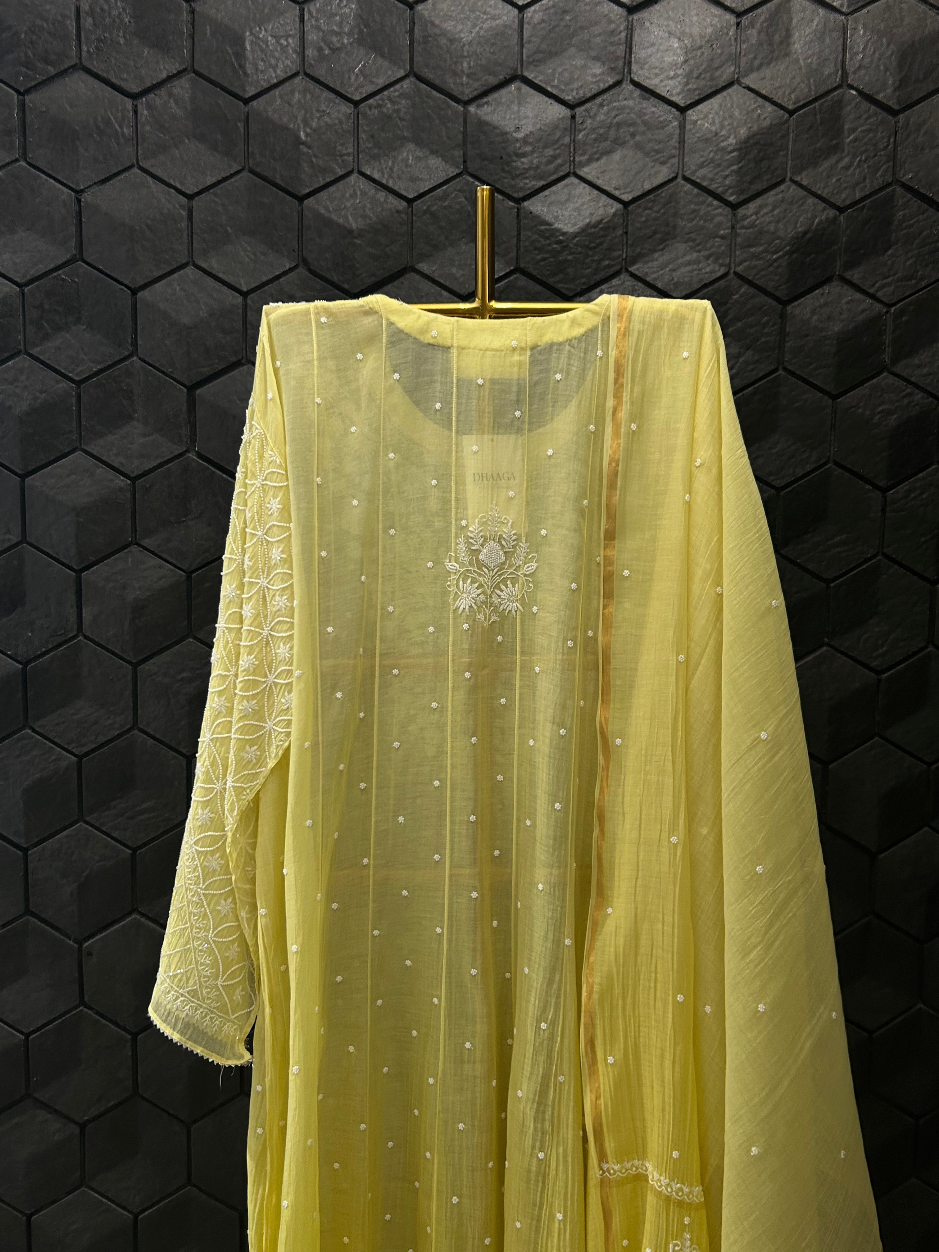 Lime Green Mul Chanderi Chikankari Anarkali Set