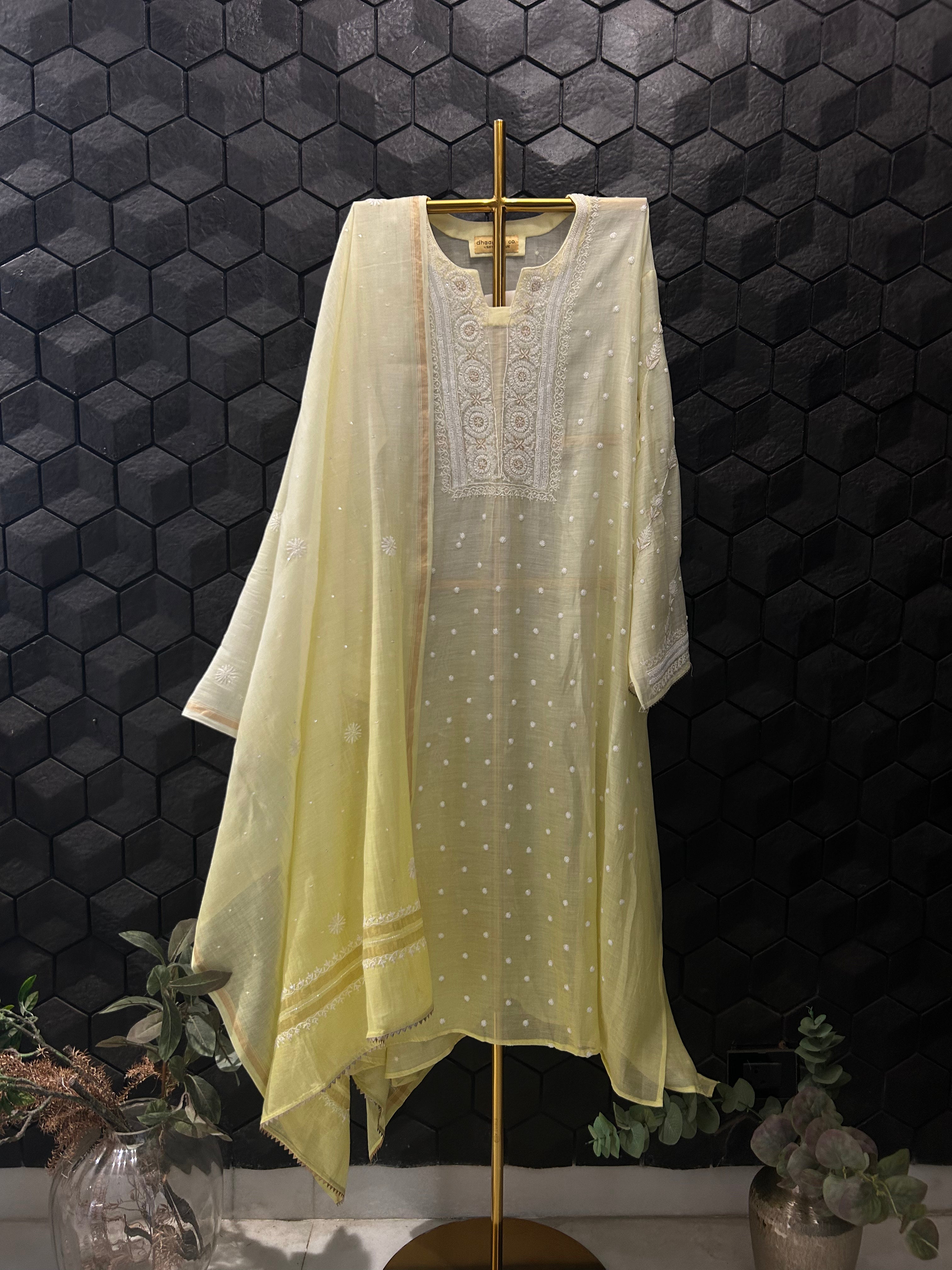 Lime Green Mul Chanderi Chikankari Kurta Set