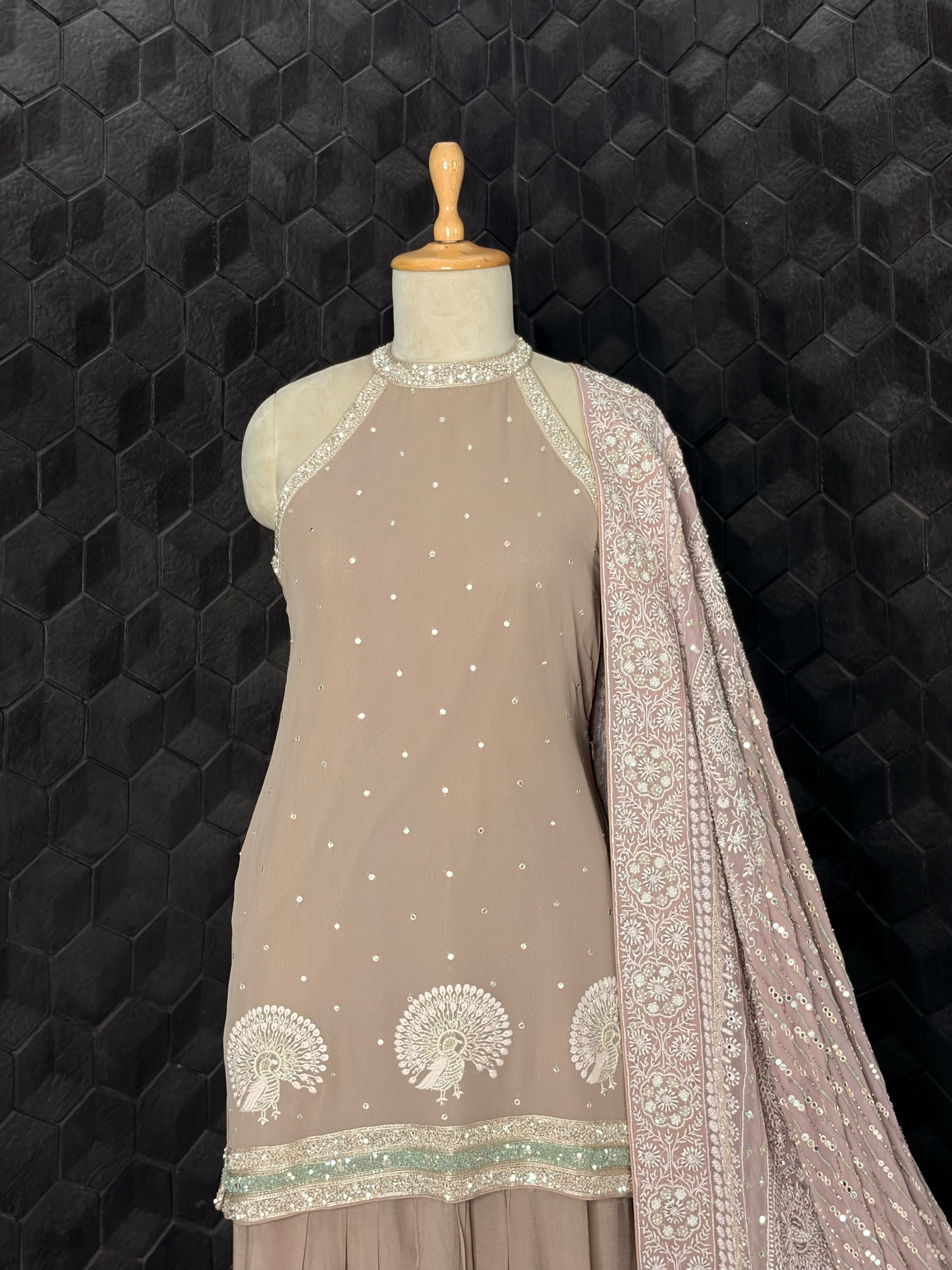 Halter Neck Kurta set with Farsi Shalwar and Heavy Dupatta