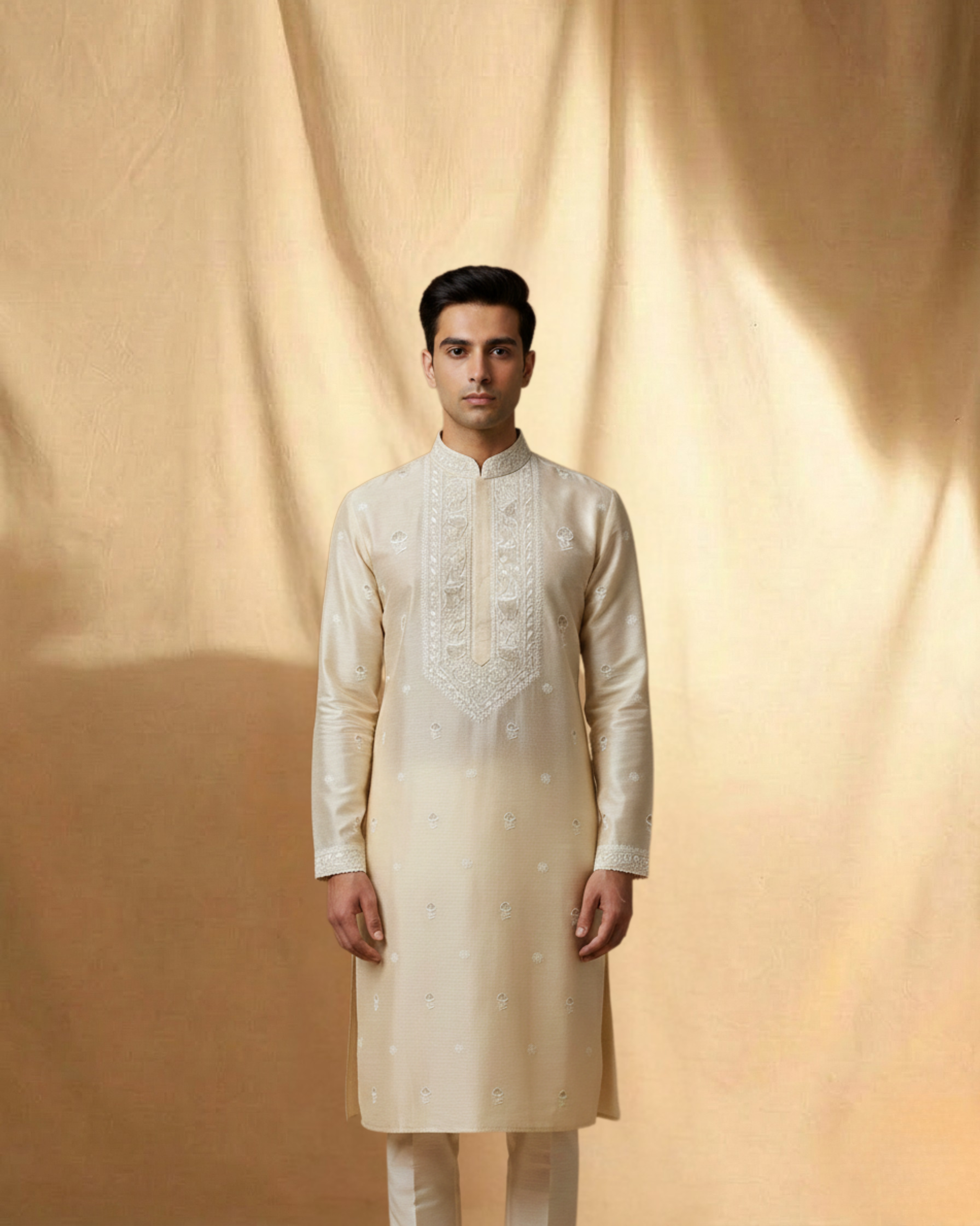 Beige munga silk chikankari mens kurta