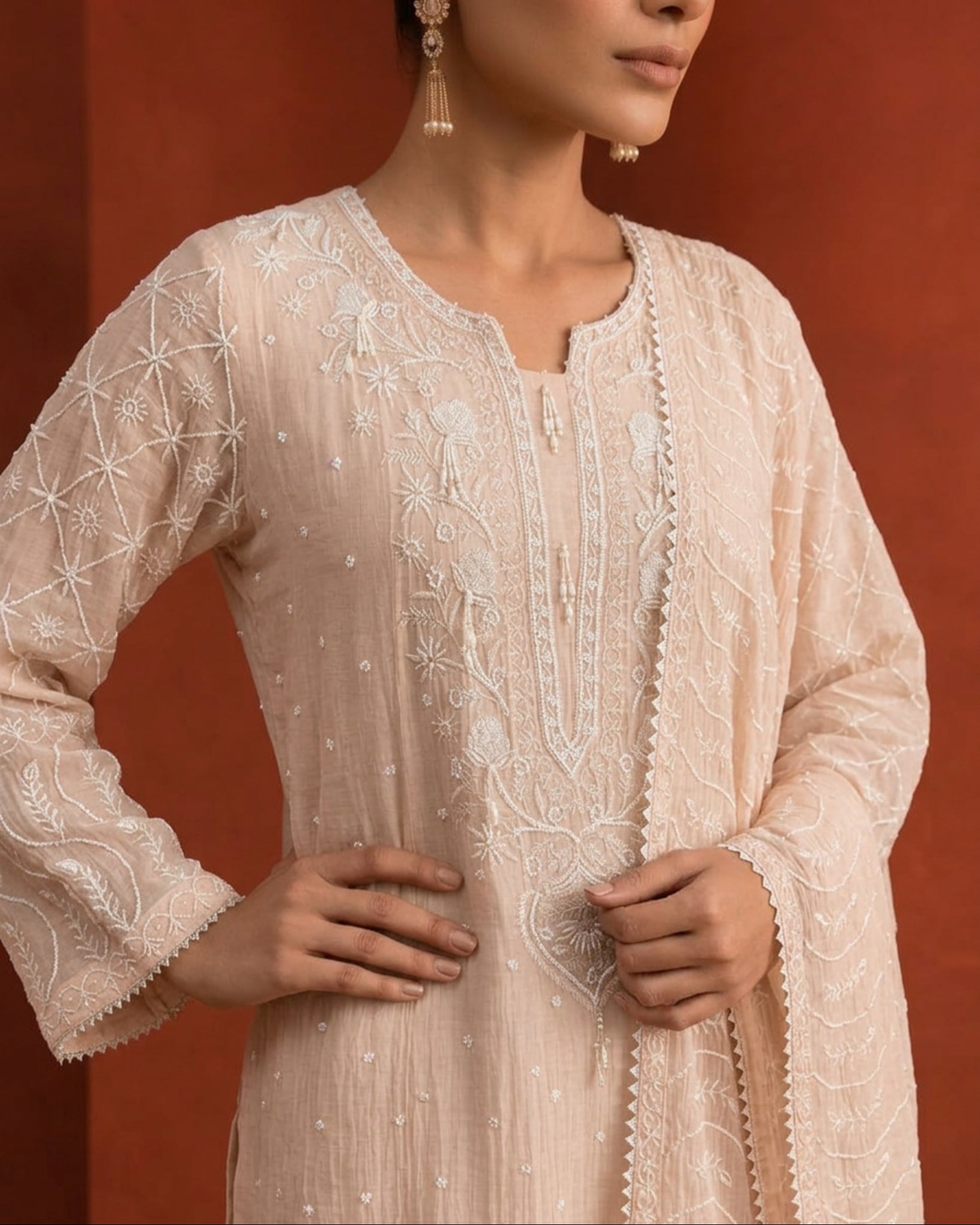 Peach Mul Chanderi Chikankari Anarkali Set