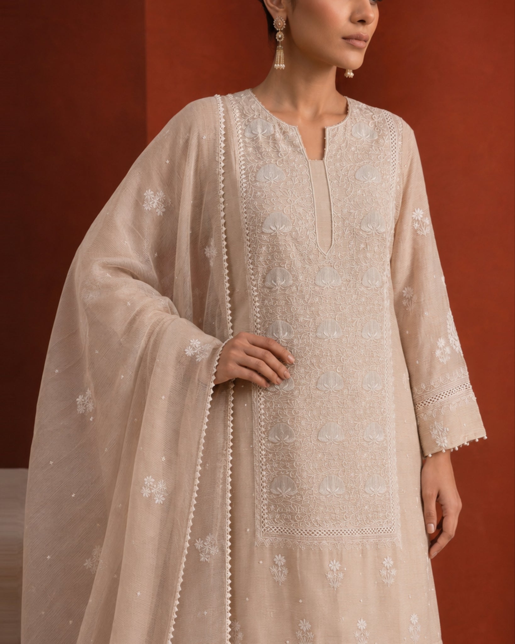 Beige Striped Tissue Kurta Set with Farsi Salwar