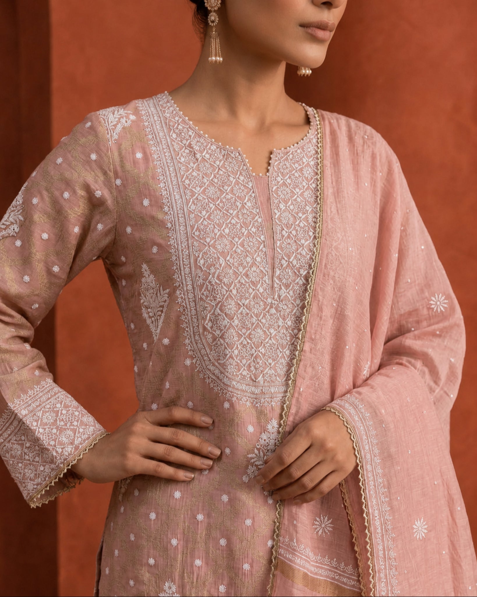 Pink Golden Tissue Kurta set in Banarsi Weave