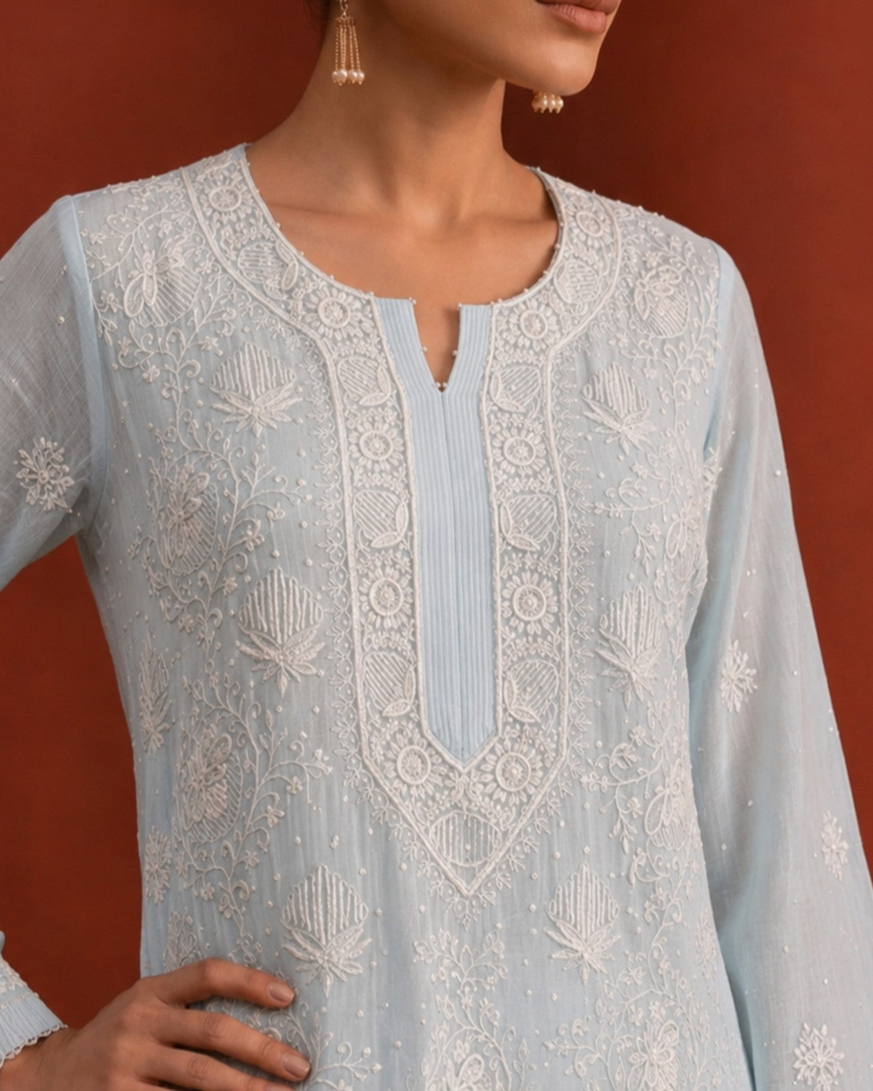 Sky Blue Mul Chanderi Chikankari Kurta Set