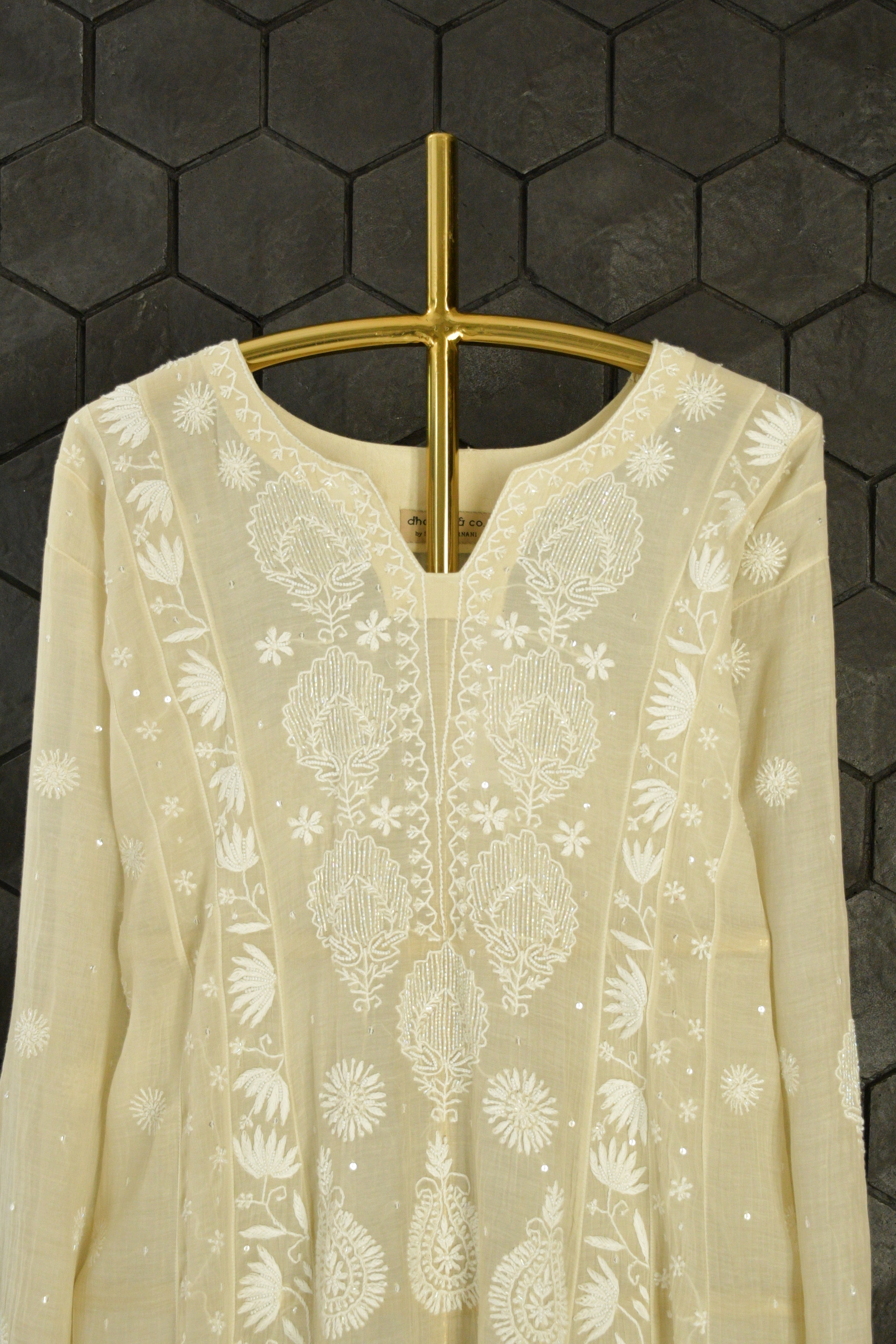 Cream Mul Chanderi Chikankari Kurta Set