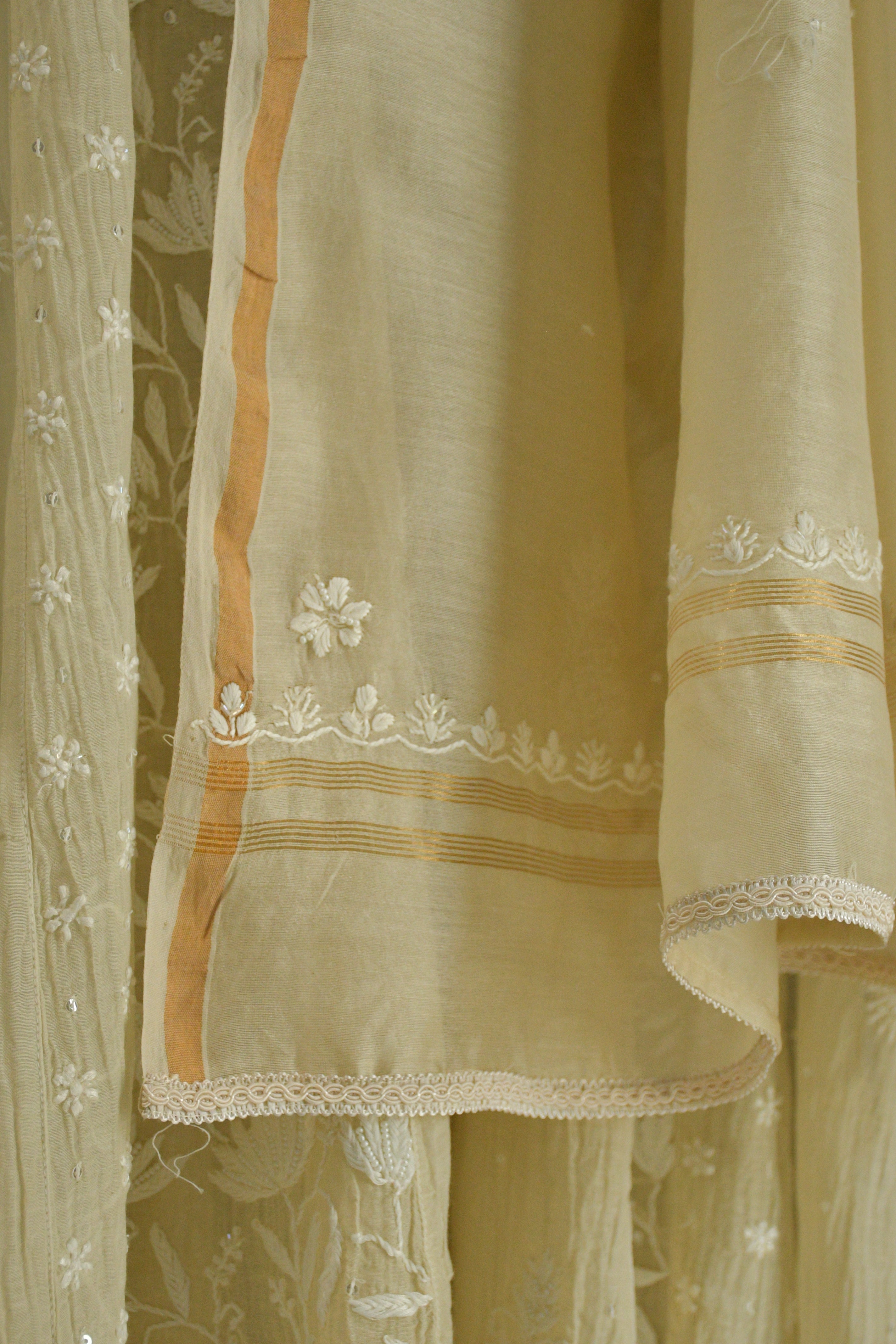 Cream Mul Chanderi Chikankari Kurta Set