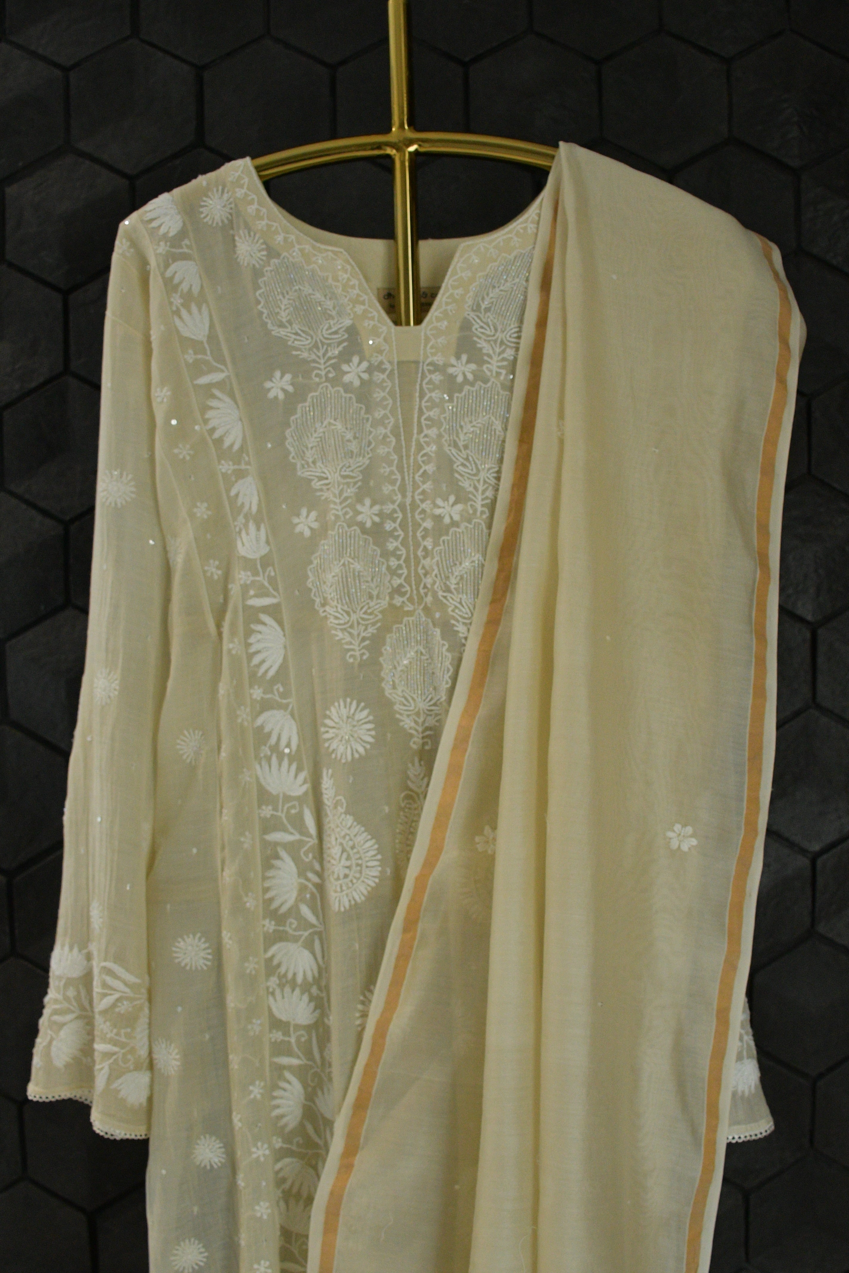 Cream Mul Chanderi Chikankari Kurta Set