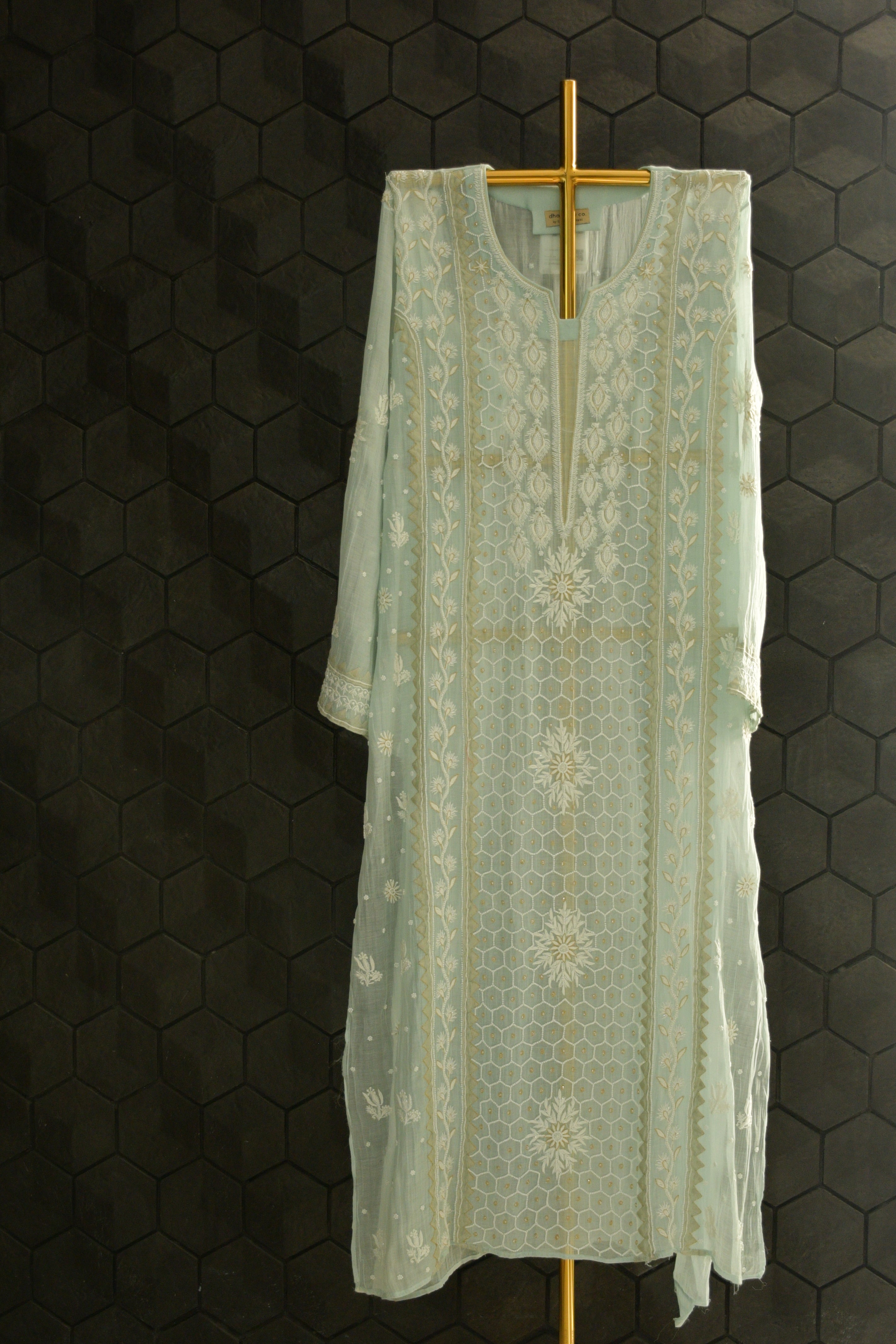 Mint Green Mul Chanderi Chikankari Kurta Set